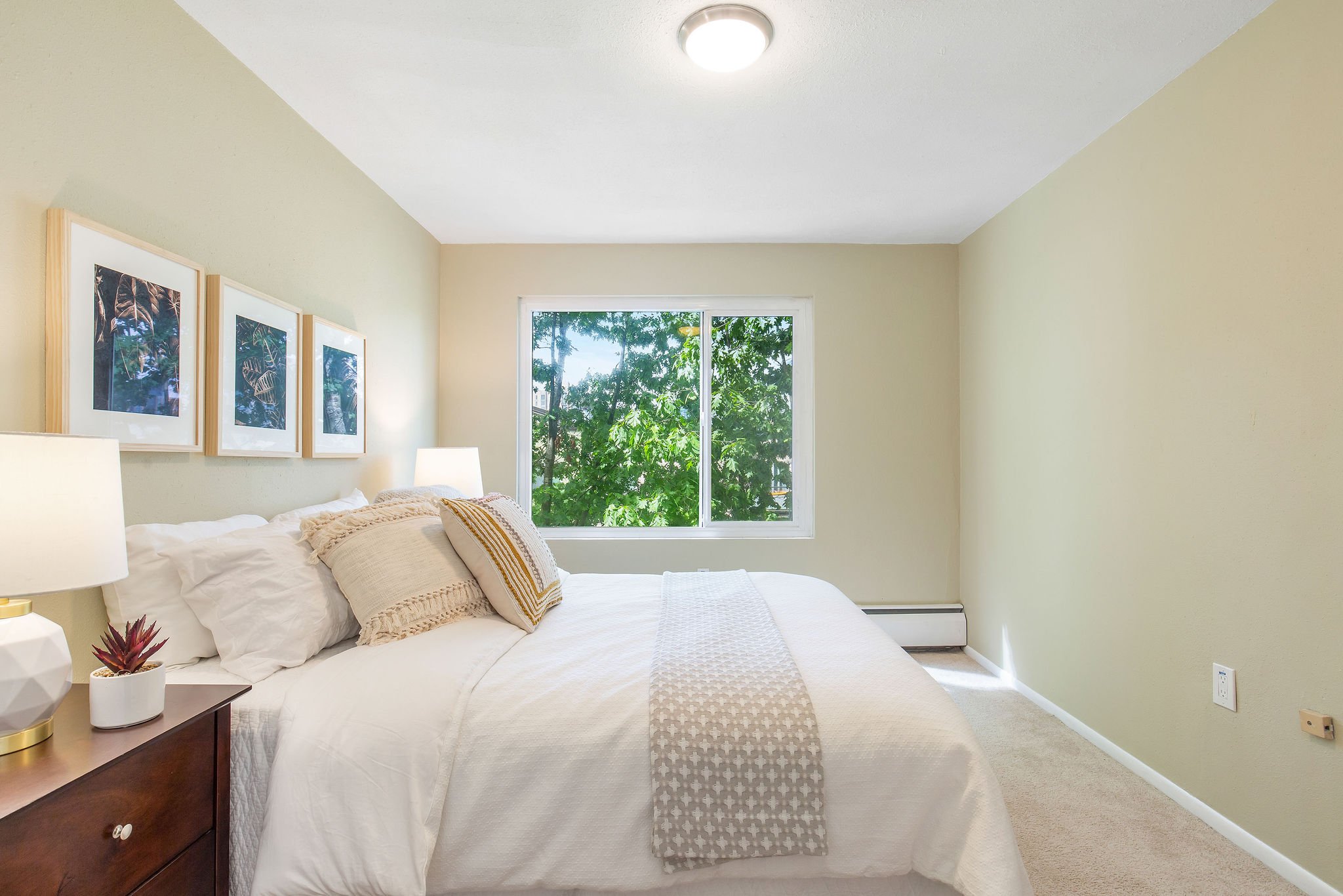  image description: interior of bedroom with queen bed, window, and tan carpet 