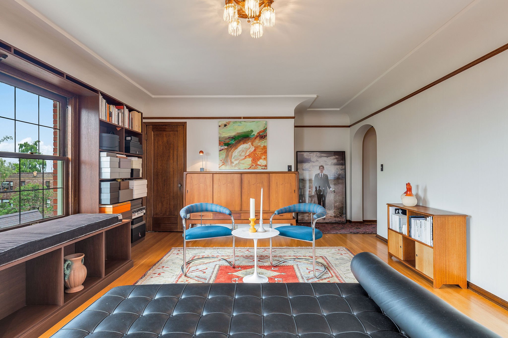 All furniture, including the Mies van der Rohe Barcelona couch are negotiable for sale.
