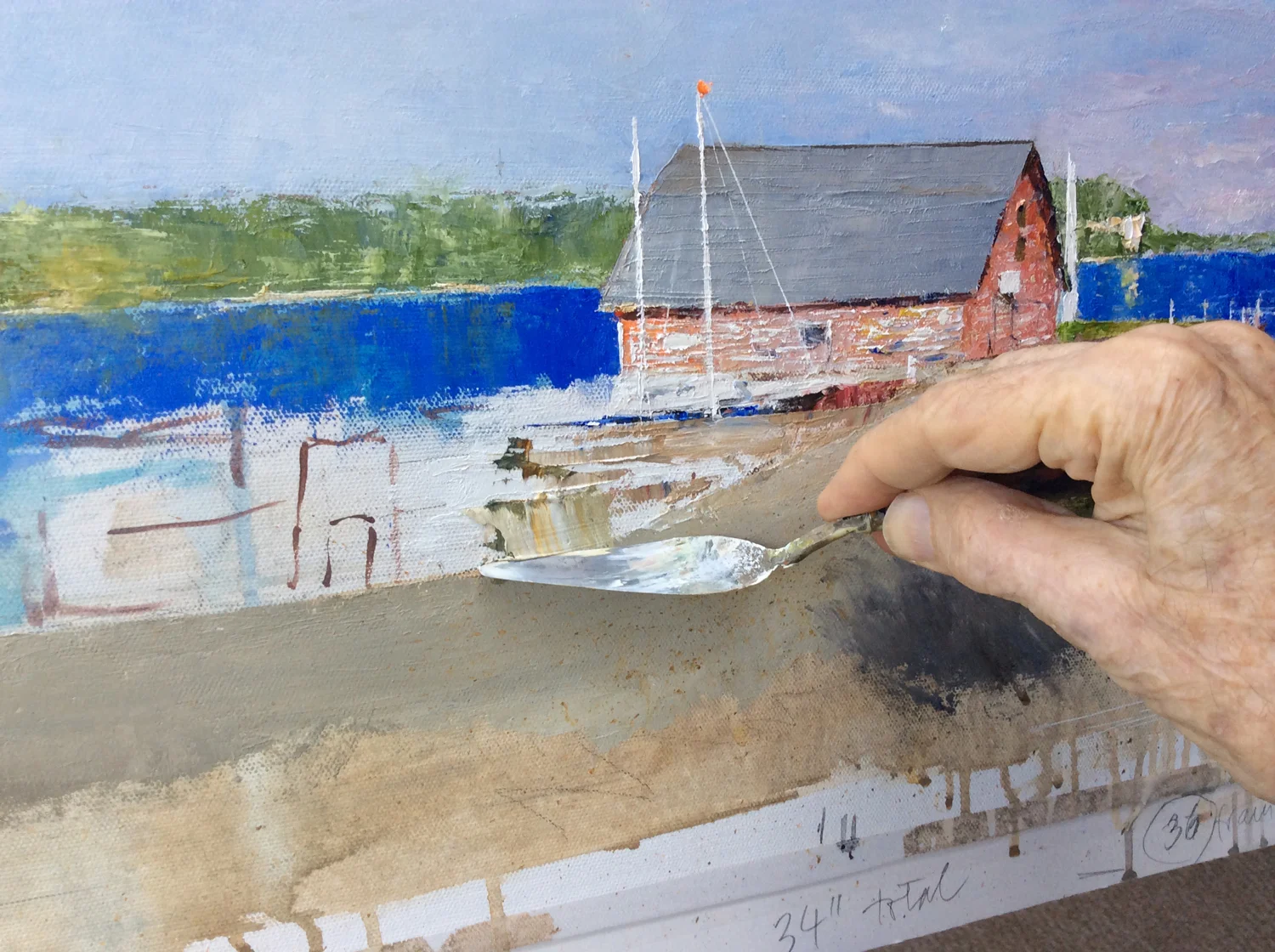 Close up of the palette knife in action