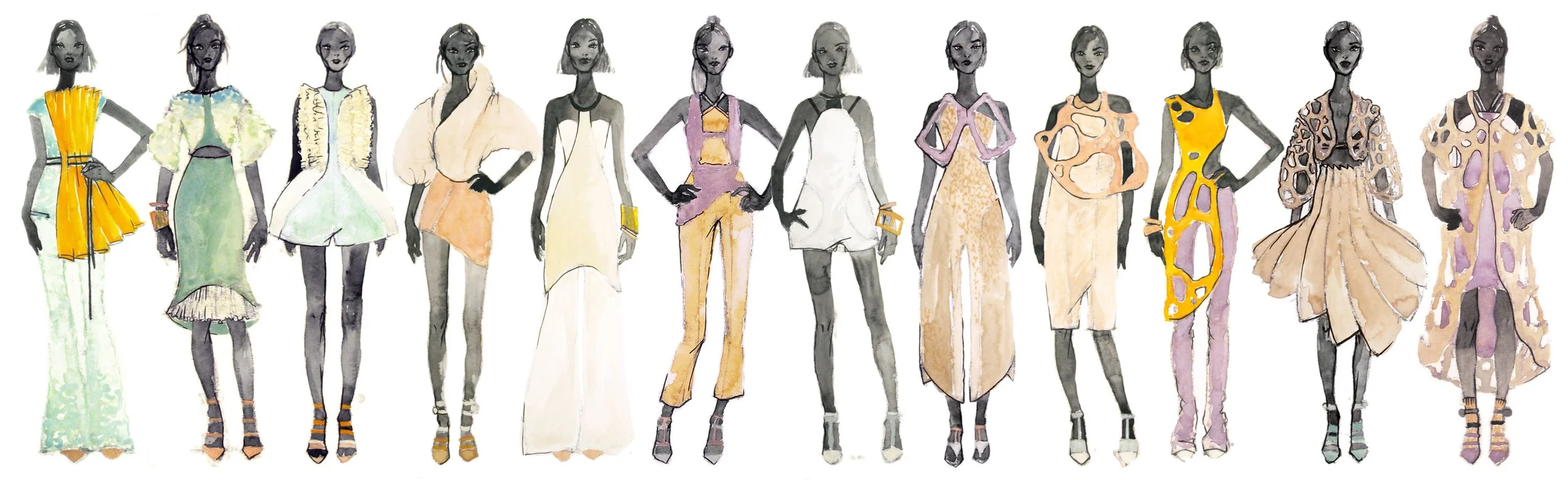 full hand-painted artwork fashion collection in seafood green, lavender, peach, beige, and dirty pink on grey coloured models