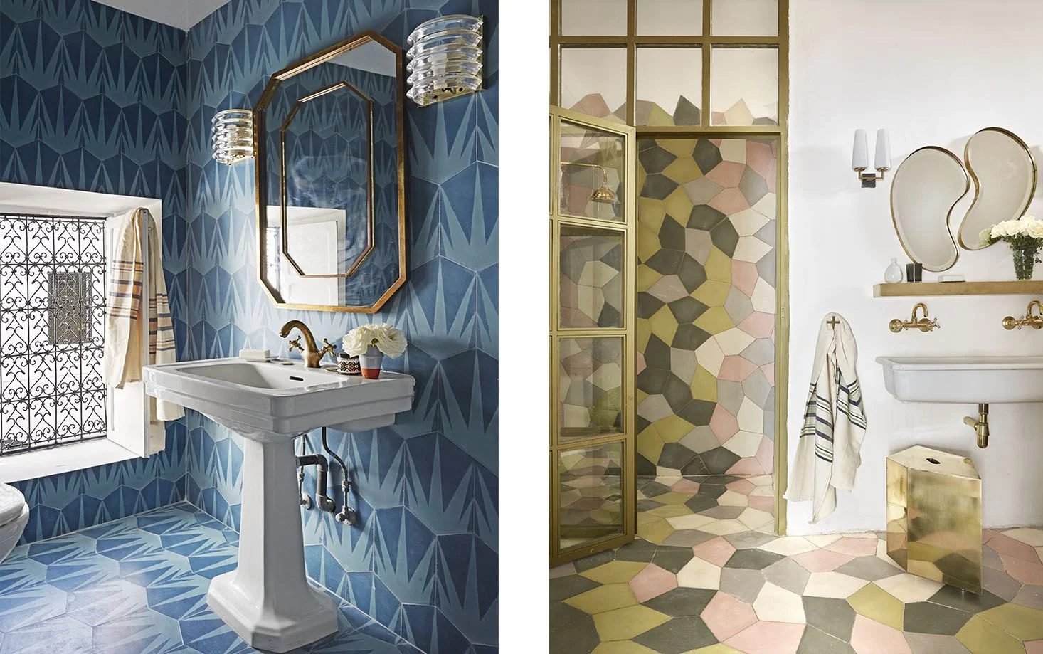The guest bathroom’s sink was purchased at a flea market, the fixtures are from the Mellah district of Marrakech, and the sconces are 1970s Italian. Right: In the master bath, the sink is from Marrakech. The brass shelf and mirrors are by Popham+, and the 1950s sconce is French