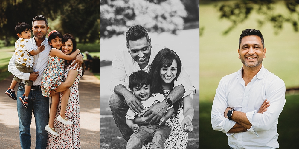 Family of four having fun in the park with dad smiling proudly