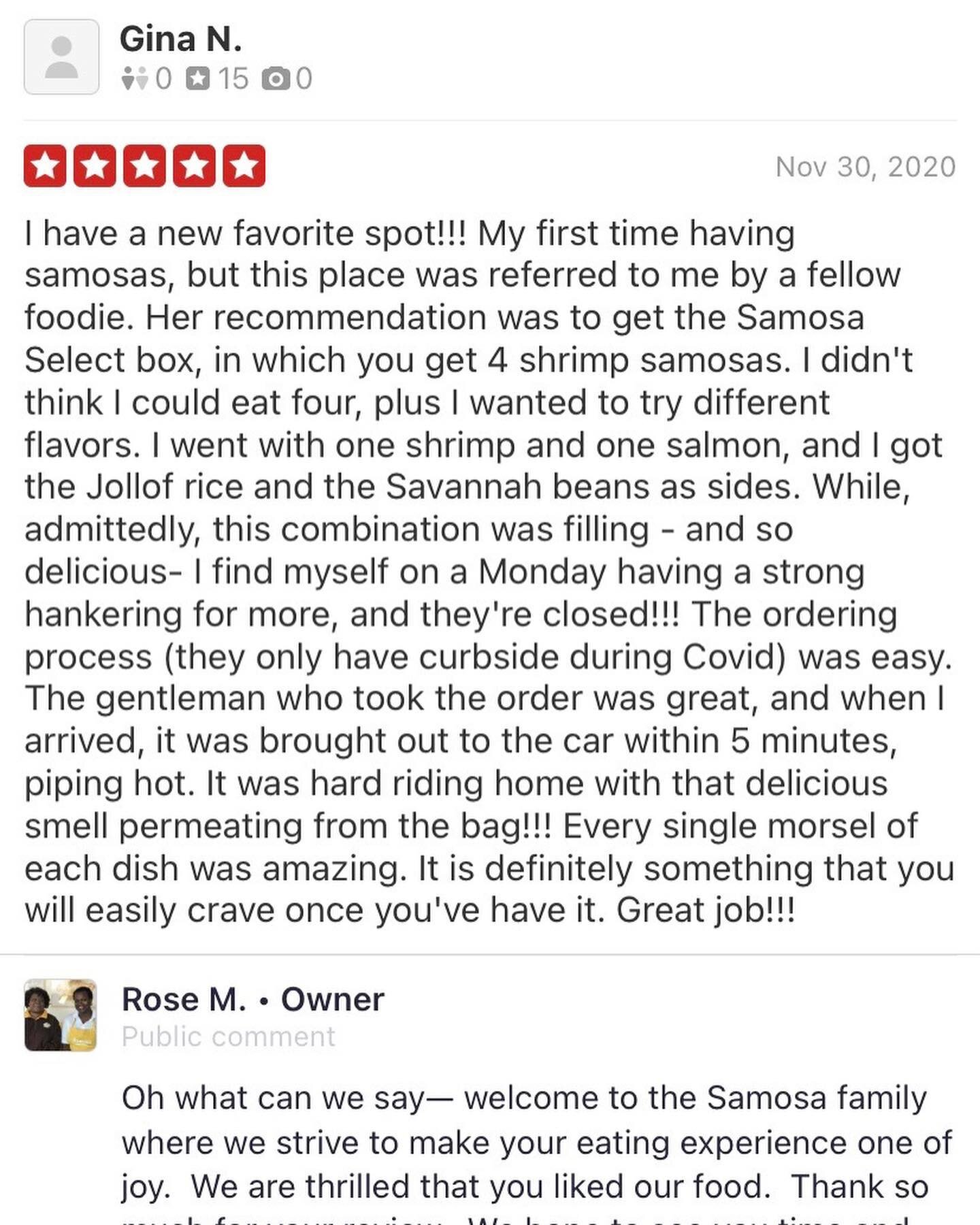 We can never truly emphasize how much these reviews mean to us. Welcome to the Samosa family! 

- With Love 🧡🧡💛💛

Via @yelp @yelpmdburbs