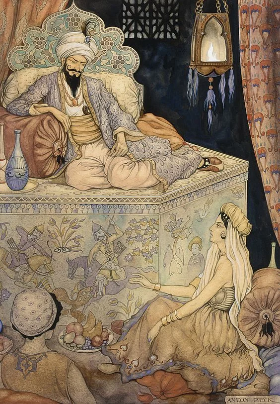 The story telling of Queen Scheherazade to King Shahryar. Anton Pieck. 1943. | Inspired by One Thousand and One Nights.