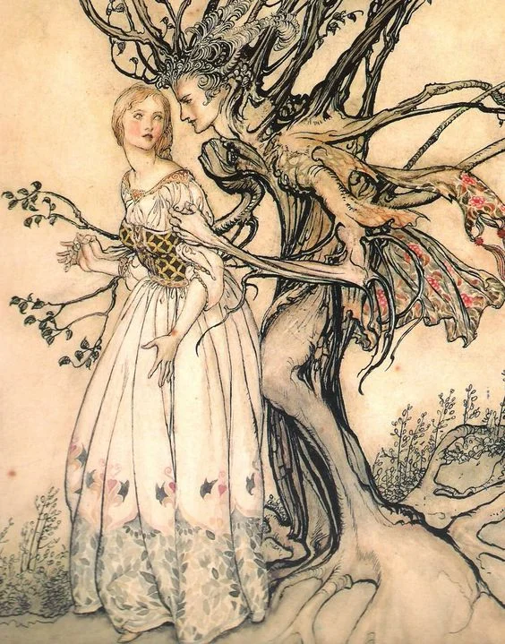 Megalithic Poems: The Old Woman in the Wood from Little Brother and Little Sister by the Brothers Grimm. Pen and ink and watercolour by Arthur Rackham