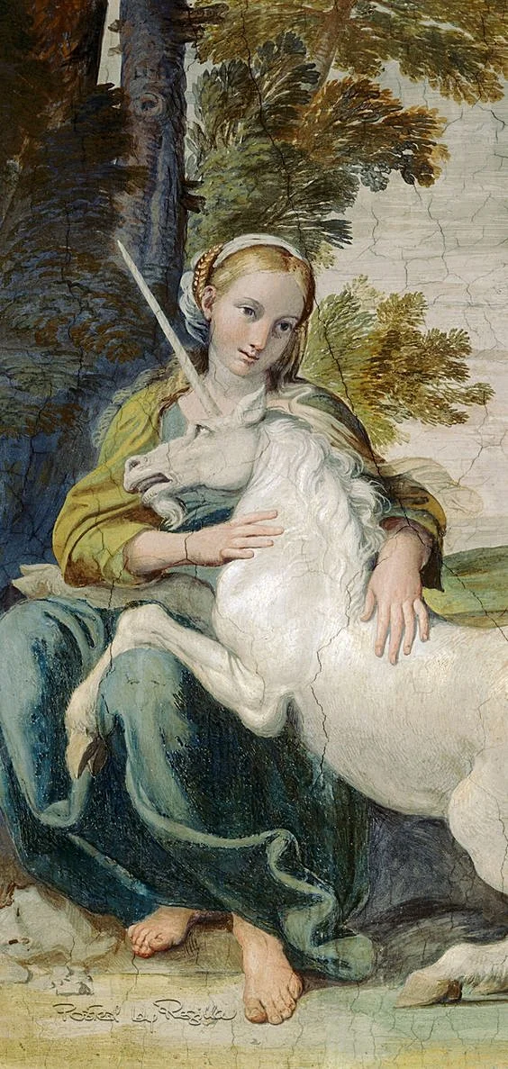 Regilla ⚜ Domenico Zampieri, Girl with a Unicorn, c. 1604–05, fresco in Palazzo Farnese, Rome, after a design by Annibale Carracci.