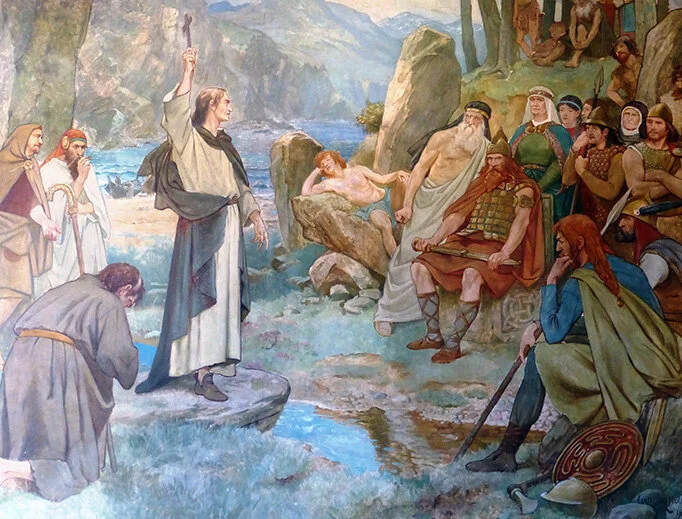 This mural in the Scottish National Portrait Gallery depicts the Picts being converted to Christianity by Saint Columba. (William Brassey Hole, c. 1899)