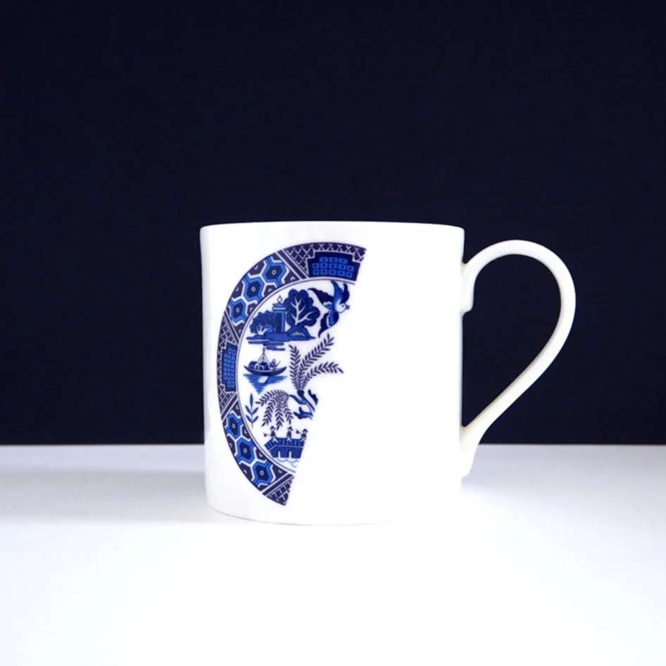 Blue Willow Deconstructed, two halves left English bone china mug