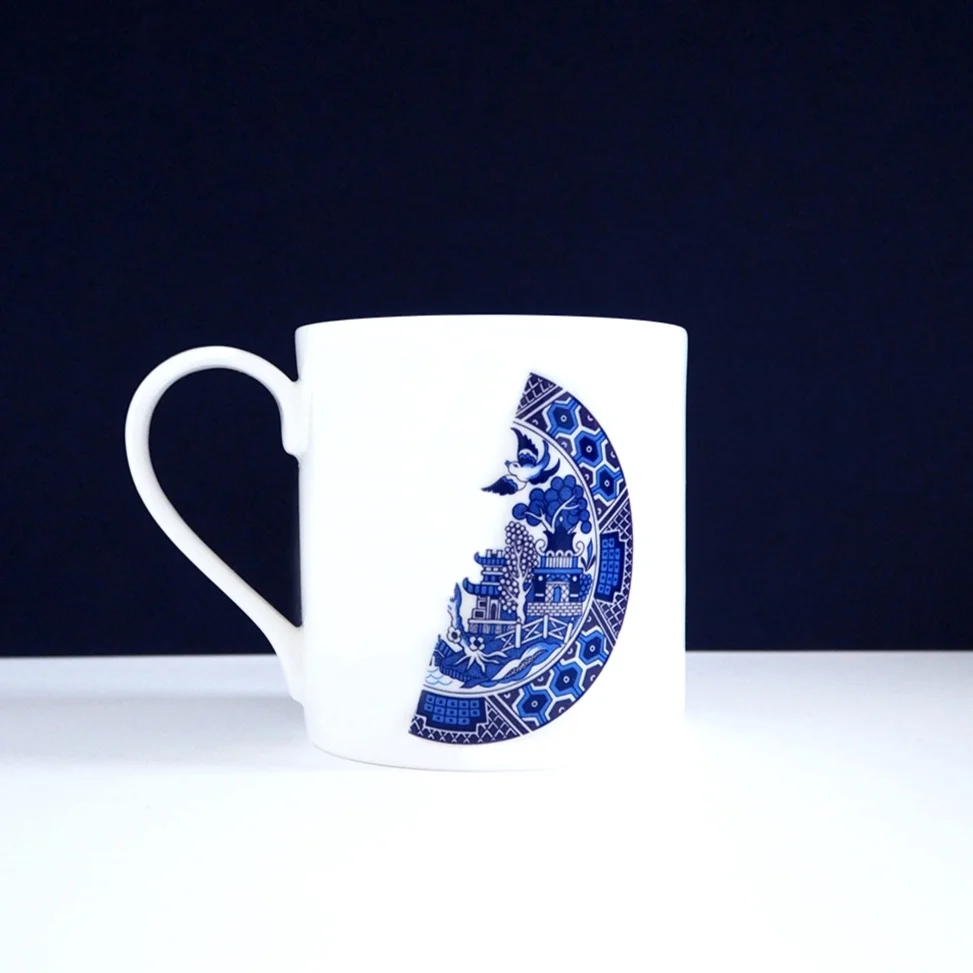 Blue Willow Deconstructed two halves left English bone china mug by TIME AND TOAST