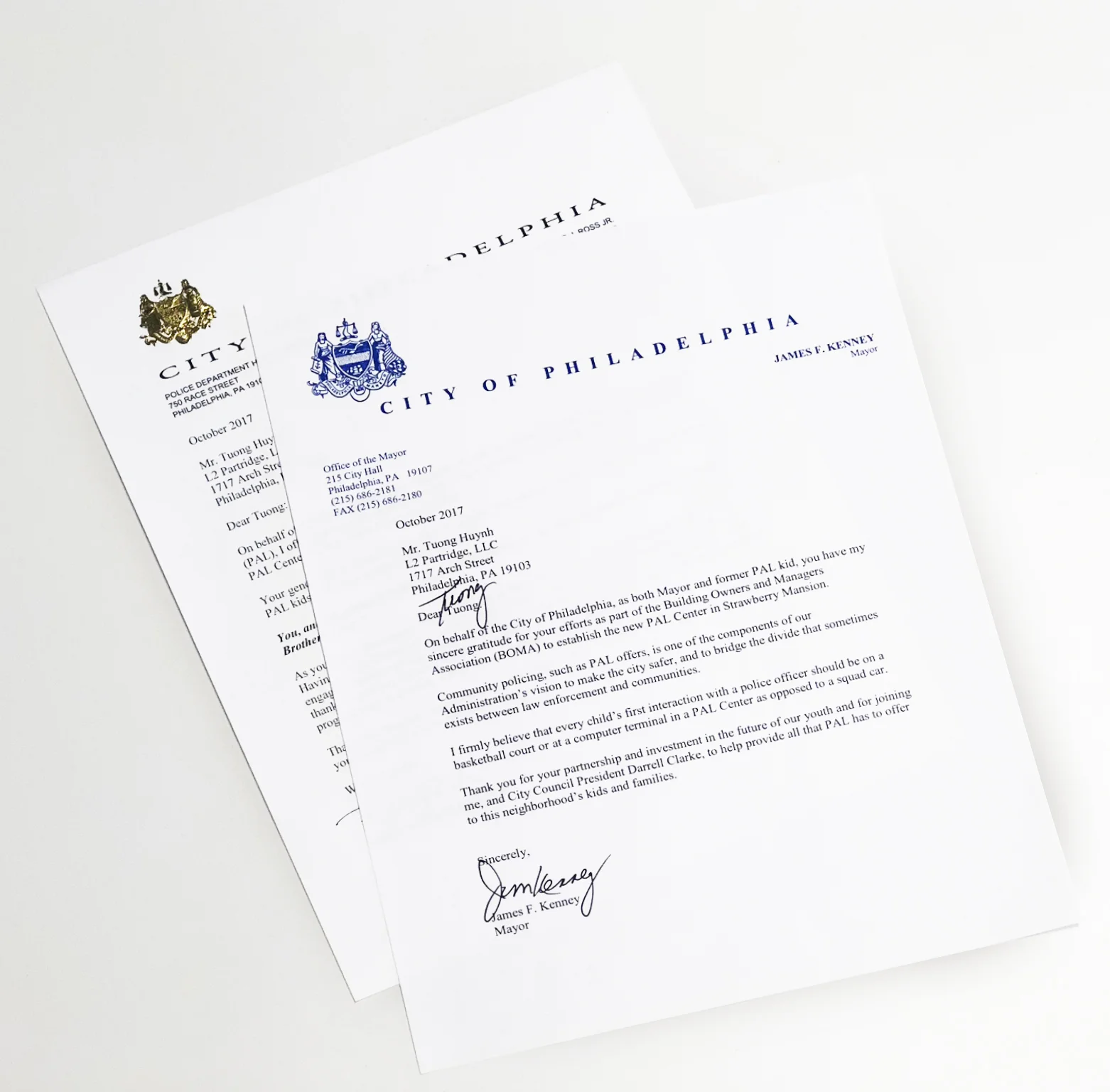 Letters to Tuong from Mayor Jim Kenney and Commissioner Richard Ross. 