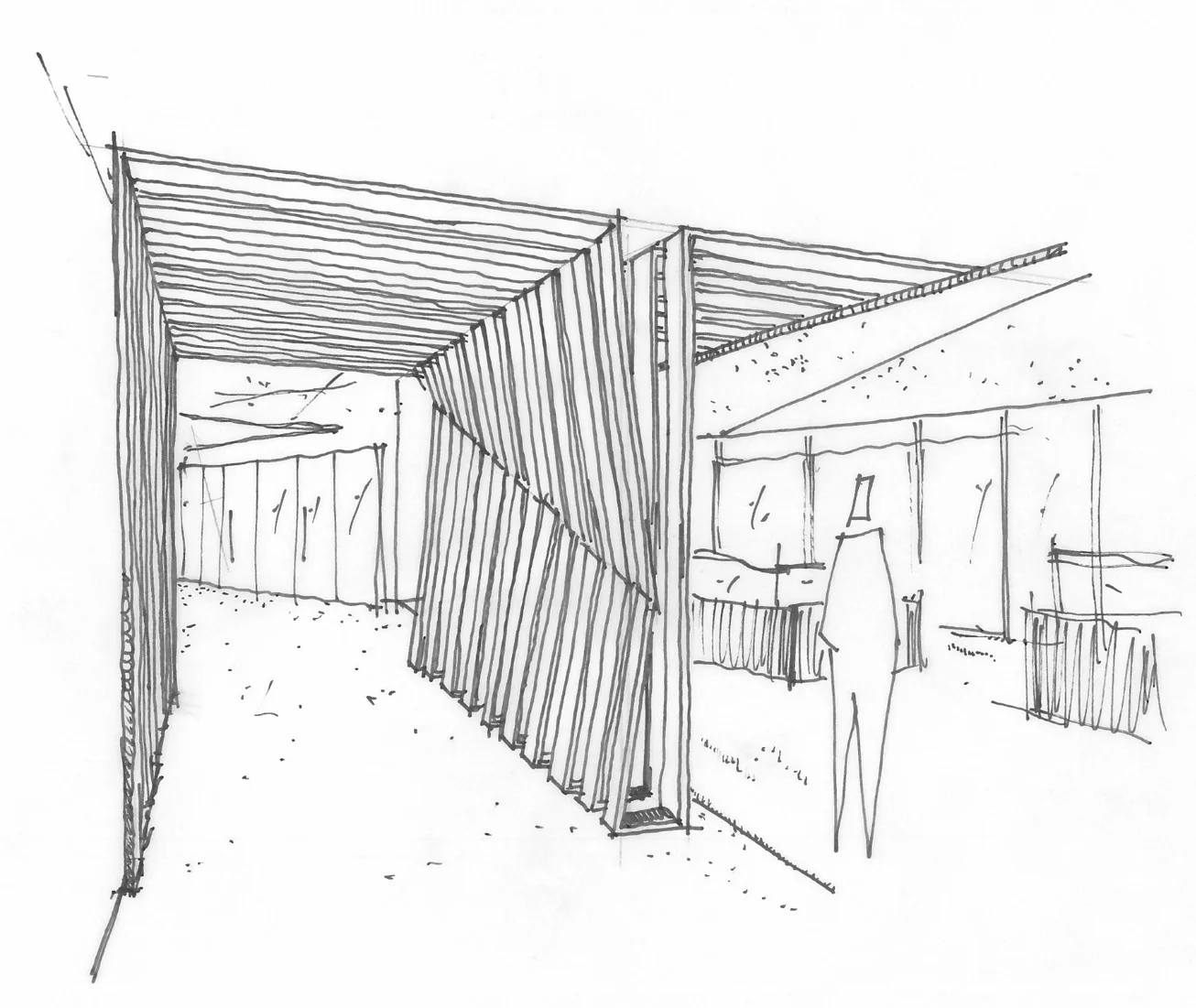 Concept Sketch: The design incorporated a wood slat feature which helps create spatial separations while aesthetically stitching the space together with warm, natural tones & textures. 