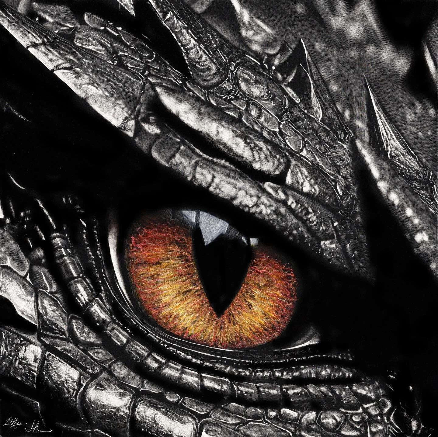 “Augenfeuer” — German for “Eye of Fire.” This 5” x 5” is tiny but mighty. 
Created in scratchboard and inks, this piece embodies the intensity and luminous energy of the dragon’s gaze — alive, anc