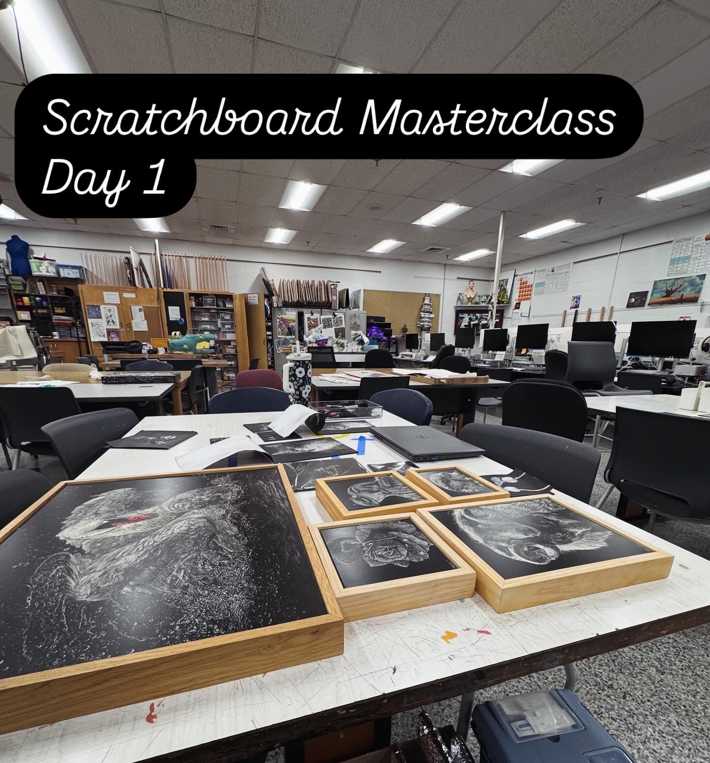 Day one at the Visual &amp; Performing Arts Academy for VBPS 🖤
Third year returning to teach scratchboard, and now we introduce the medium to freshmen each year. Seeing that first spark of curiosity never gets old&mdash;so grateful to keep sharing t