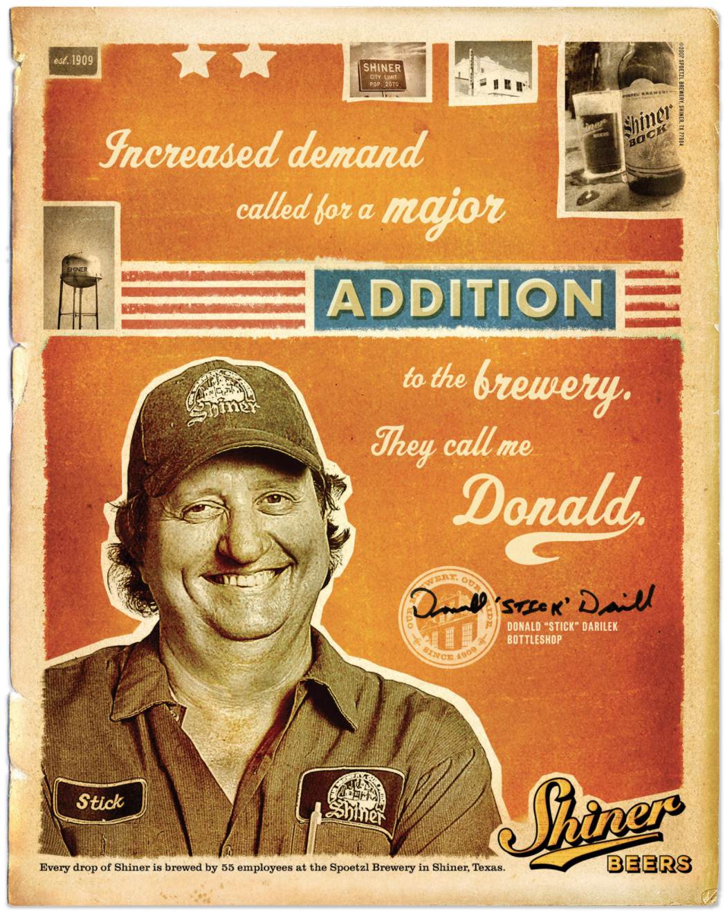 The next several ads feature headlines I wrote for the original Brewery Workers campaign which used actual employees. It was my distinct pleasure to put a few of my own words in their mouths. The first generation of ads were designed by a young art director named Beau Hanson. The second evolution of the campaign, featuring the yellow color palette was designed by Michael Anderson.