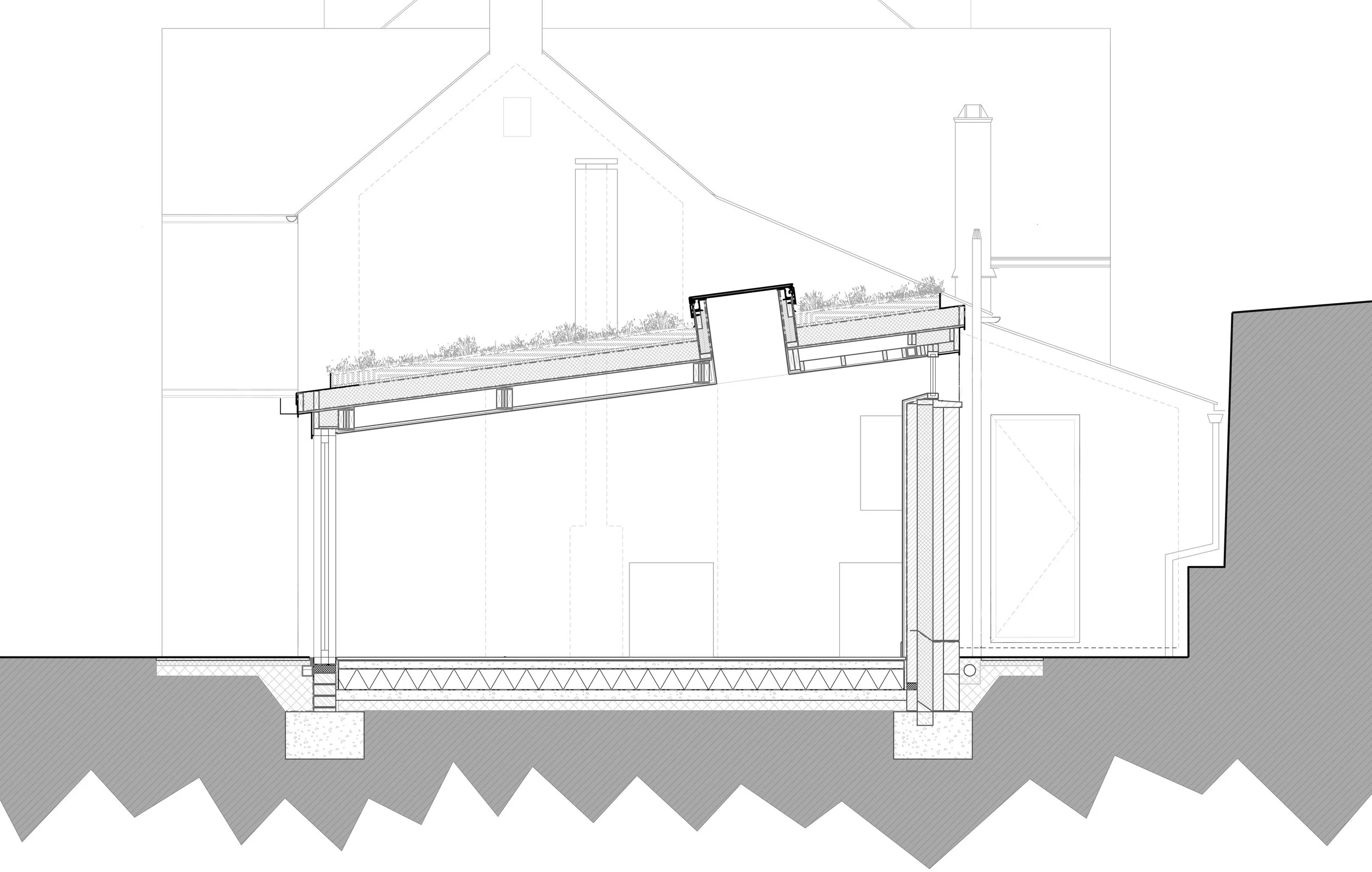 Section CAD drawing of contemprary extension to cotswold stone house in stroud