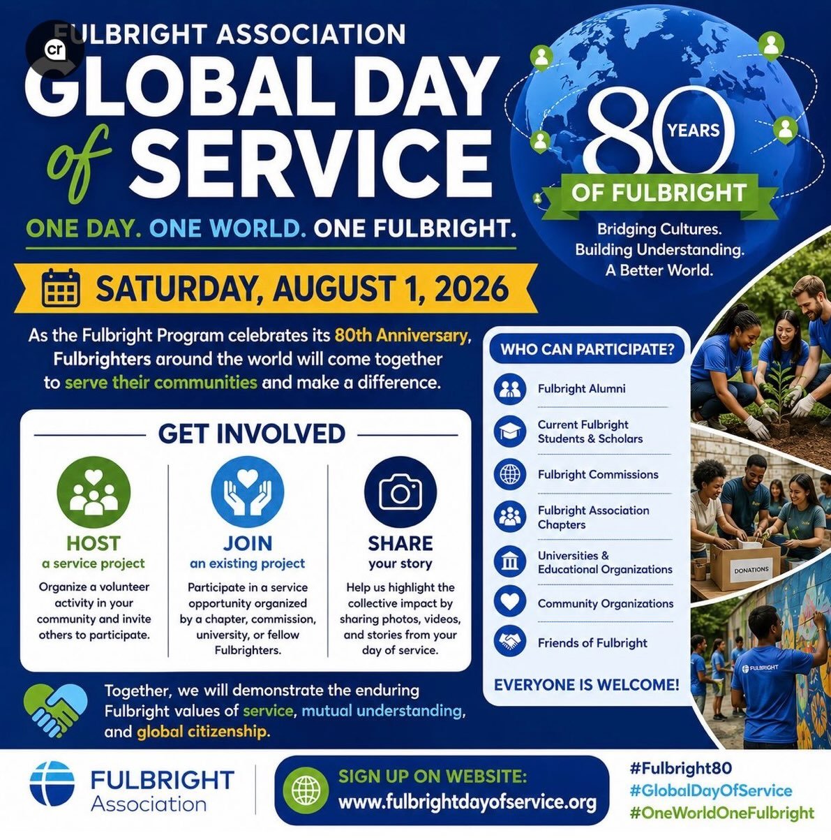 The Fulbright Association Greater New York Chapter is proud to join the inaugural Fulbright Association 80th Anniversary Global Days of Service with two NYC volunteer opportunities supporting food access, housing stability, and community care.

Join 