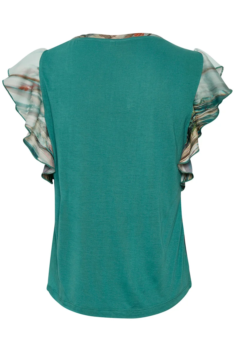 Green print front top frill sleeve jersey back
