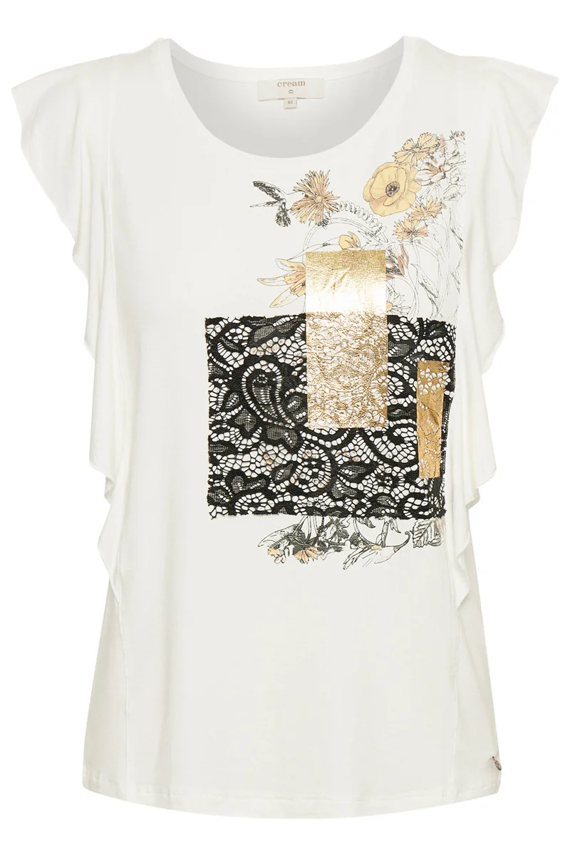 cream t shirt with black print