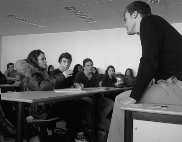 In Neuilly-sur-Seine, France, April 2013. As citizens nearby were protesting about marriage equality, Peter and these high school students discussed how people learn to talk about controversial topics.