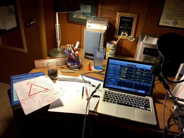 What writing sometimes looks like to me these days! Here's my podcast desk when I was making episode 004. 
