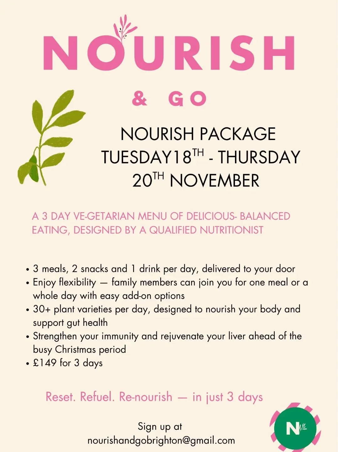 ✨ Happy Monday, everyone! ✨
Give yourself the boost you deserve with our 3-day Nourish Package &mdash; the perfect reset for this time of year 🌿

🥗 3 delicious, balanced meals
🥒 2 nourishing snacks
🍏 1 fresh, cold-pressed juice

Designed by us to