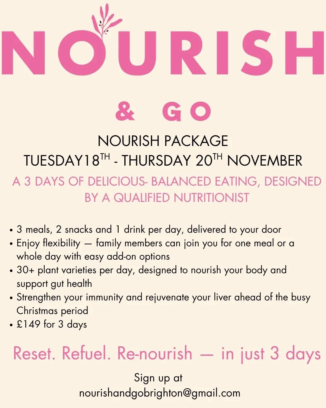 Over at @nourishandgobrighton we have been so busy, our first nourish package is starting next week and we are really excited. 

✨ Happy Monday, everyone! ✨
Give yourself the boost you deserve with our 3-day Nourish Package &mdash; the perfect reset 