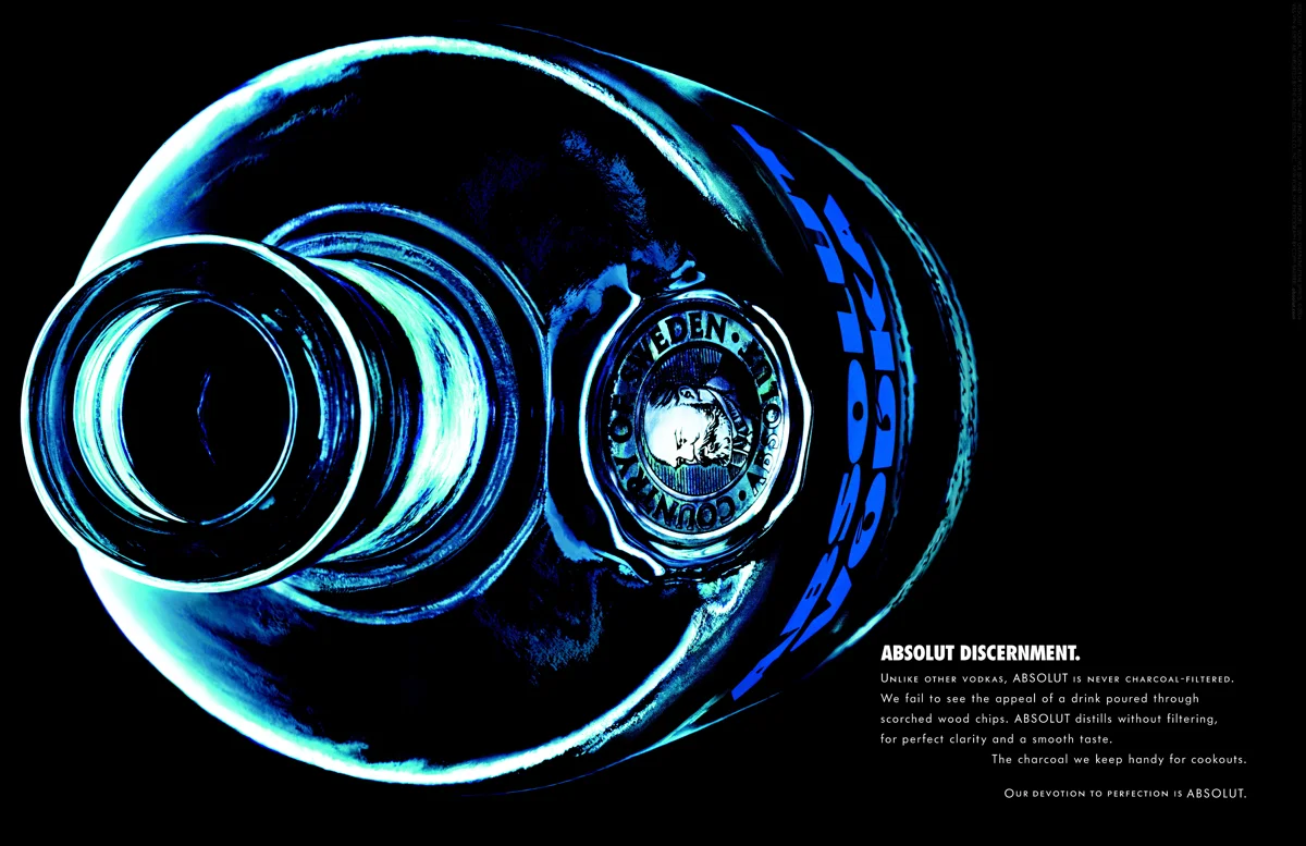  ABSOLUT DISCERNMENT.&nbsp;Unlike other vodkas, Absolut is never charcoal-filtered. We fail to see the appeal of a drink poured through scorched wood chips. Absolut distills without filtering, for perfect clarity and a smooth taste. The charcoal we k