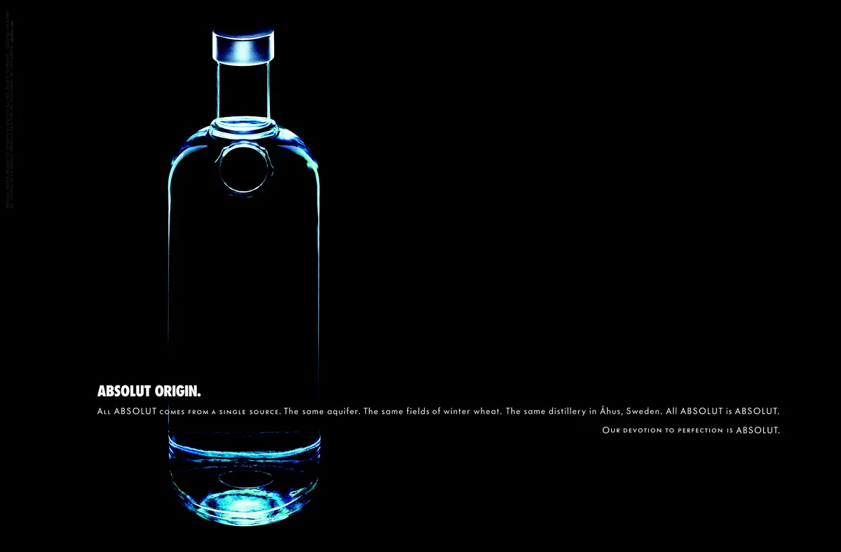  ABSOLUT ORIGIN.&nbsp;All Absolut comes from a single source. The same aquifer. The same fields of winter wheat. The same distillery in Åhus, Sweden. All Absolut is Absolut. Our devotion to perfection is ABSOLUT. 