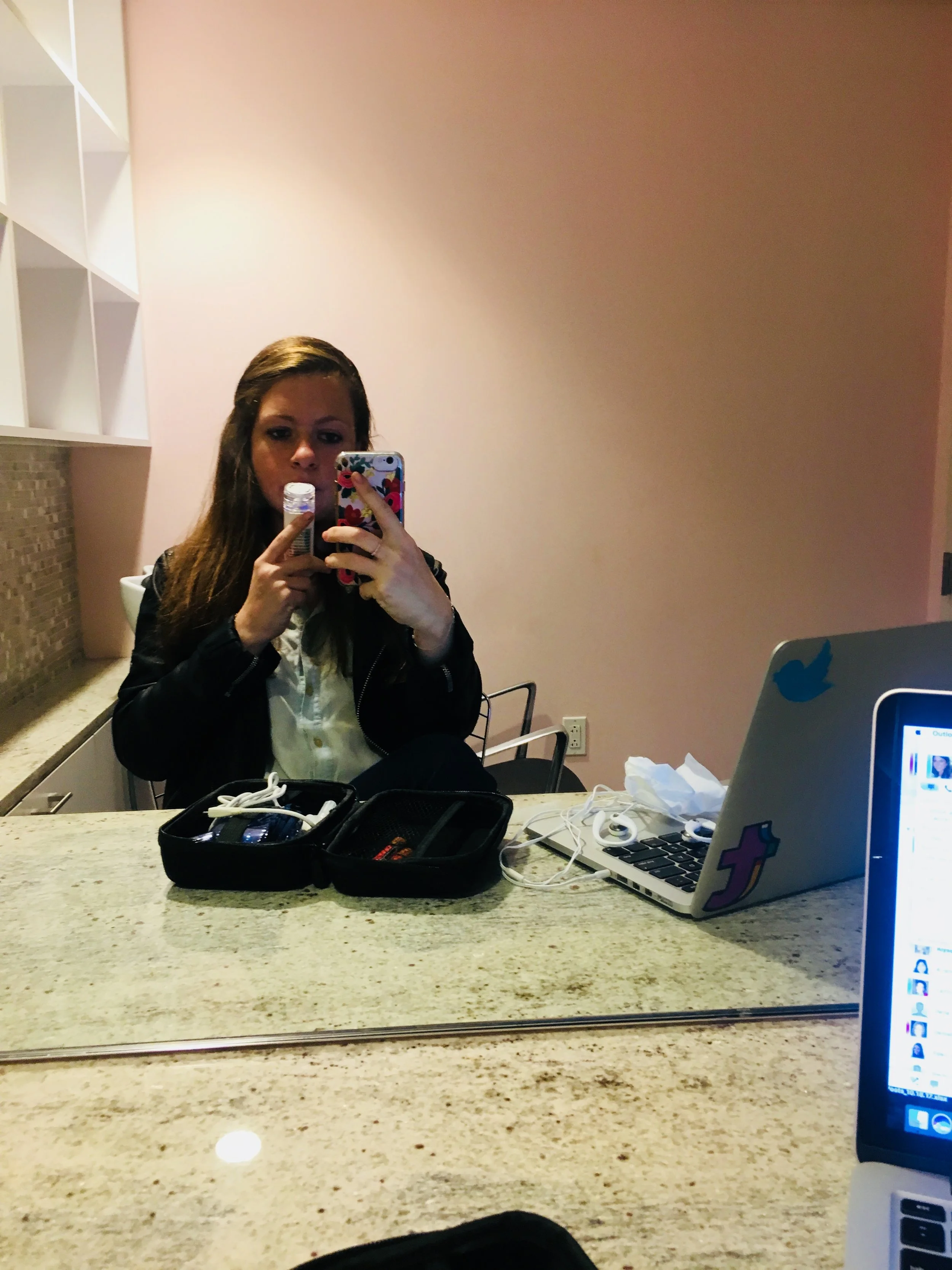 In the office on launch day--working and doing a breathing treatment. No time for breaks! 