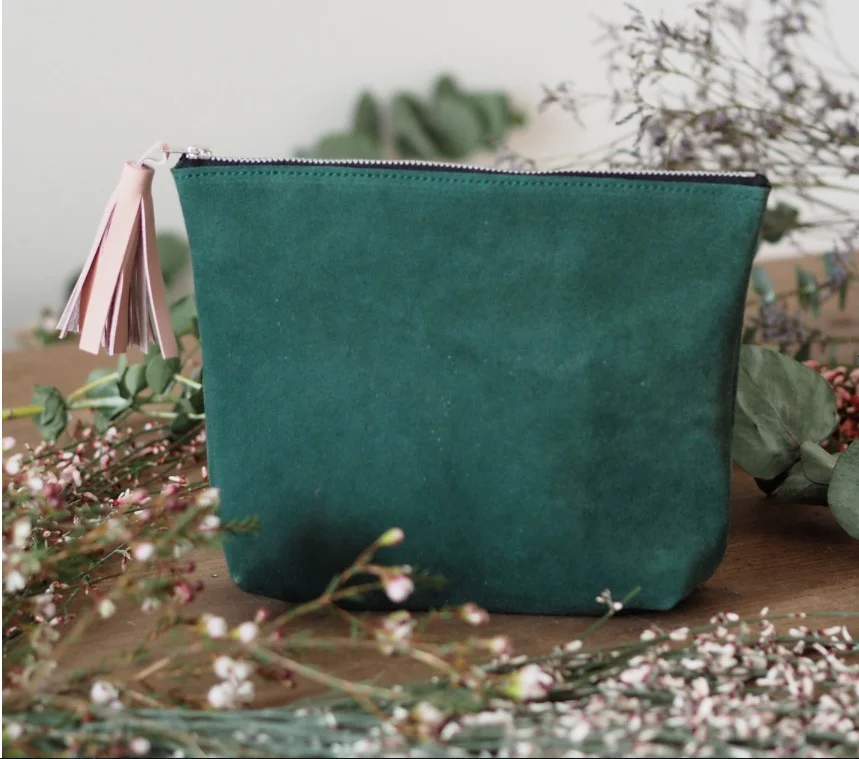 Rosie's beautiful custom tassel pouch in moss green suede. 