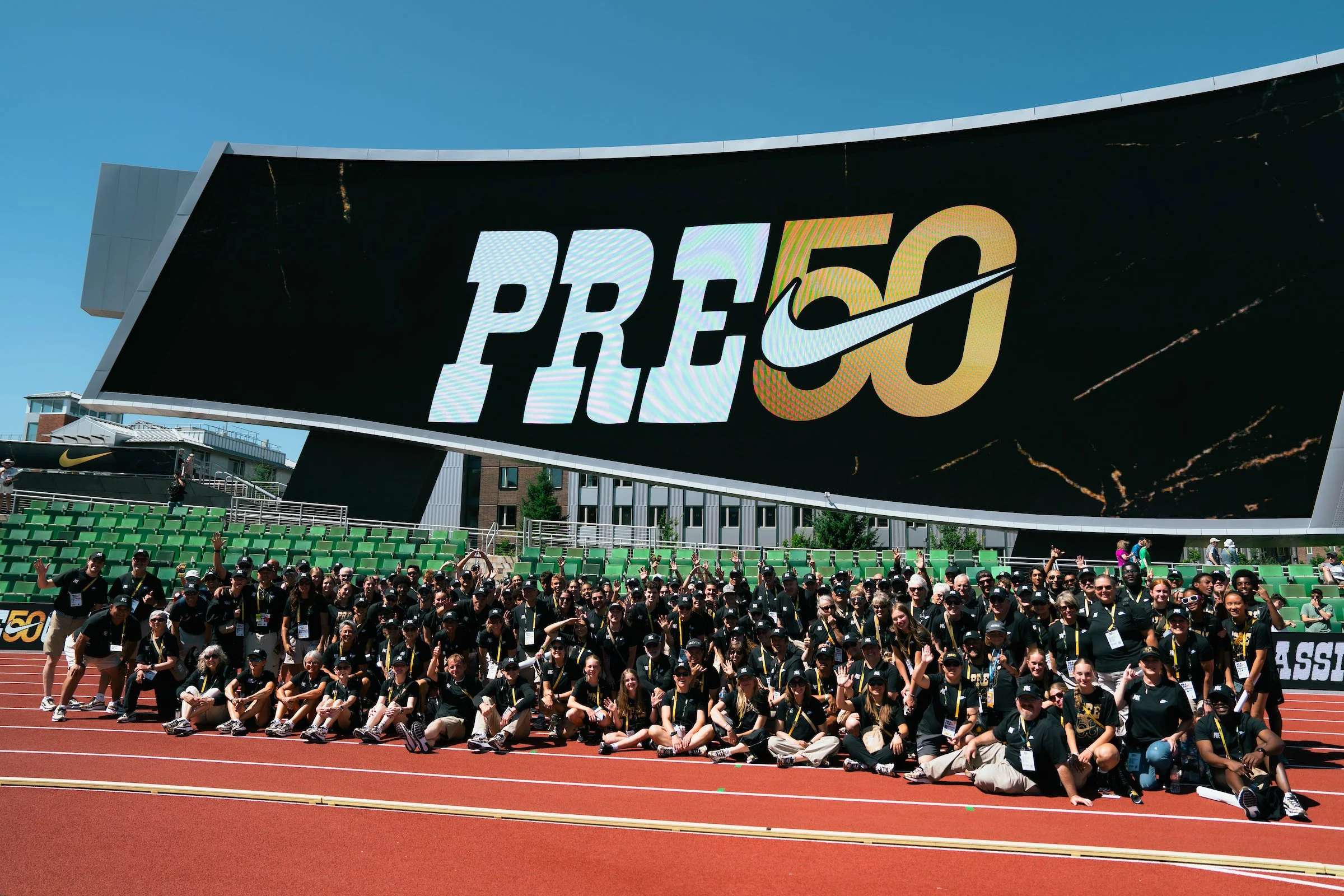 Group of volunteers at the 2025 Prefontaine Classic at Hayward Field at the University of Oregon.