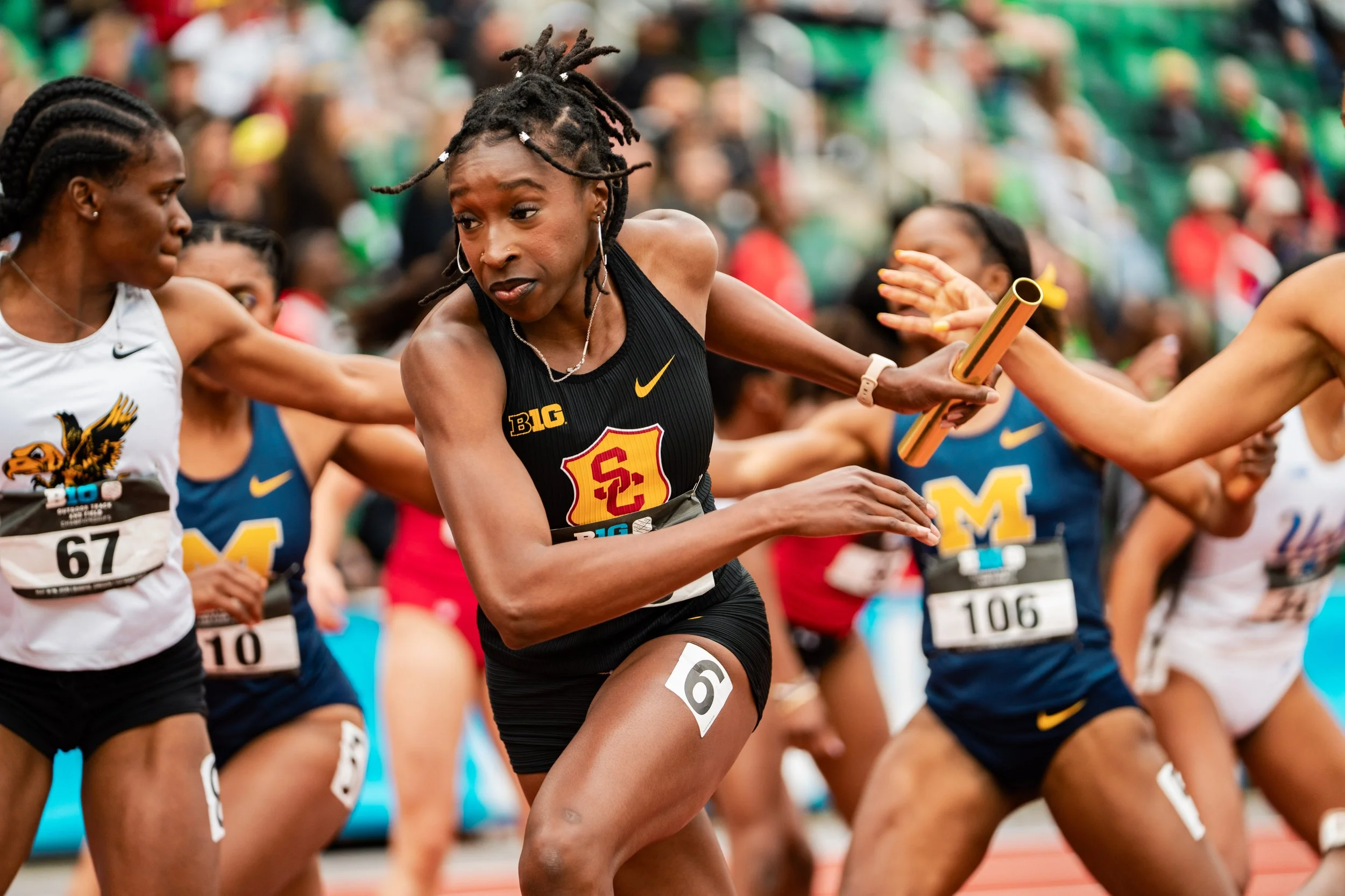 Madison Whyte of USC Track & Field competing in the Women's 4x400m relay at the 2025 Big Ten Outdoor Track & Field Championships