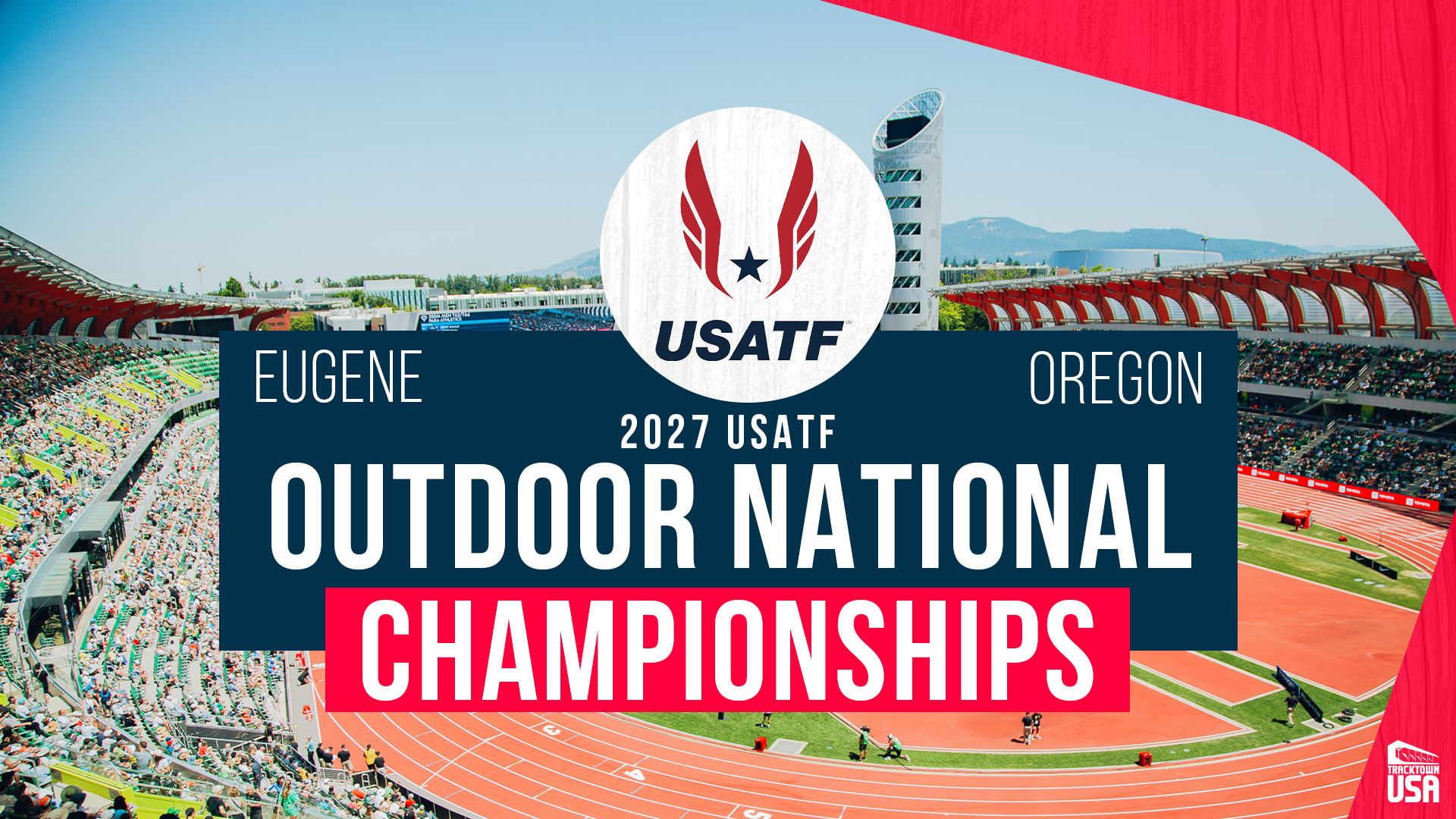 Graphic featuring a photo of Hayward Field and the TrackTown USA and USATF logos announcing that the 2027 USATF Outdoor National Championships will be hosted in Eugene, Oregon.