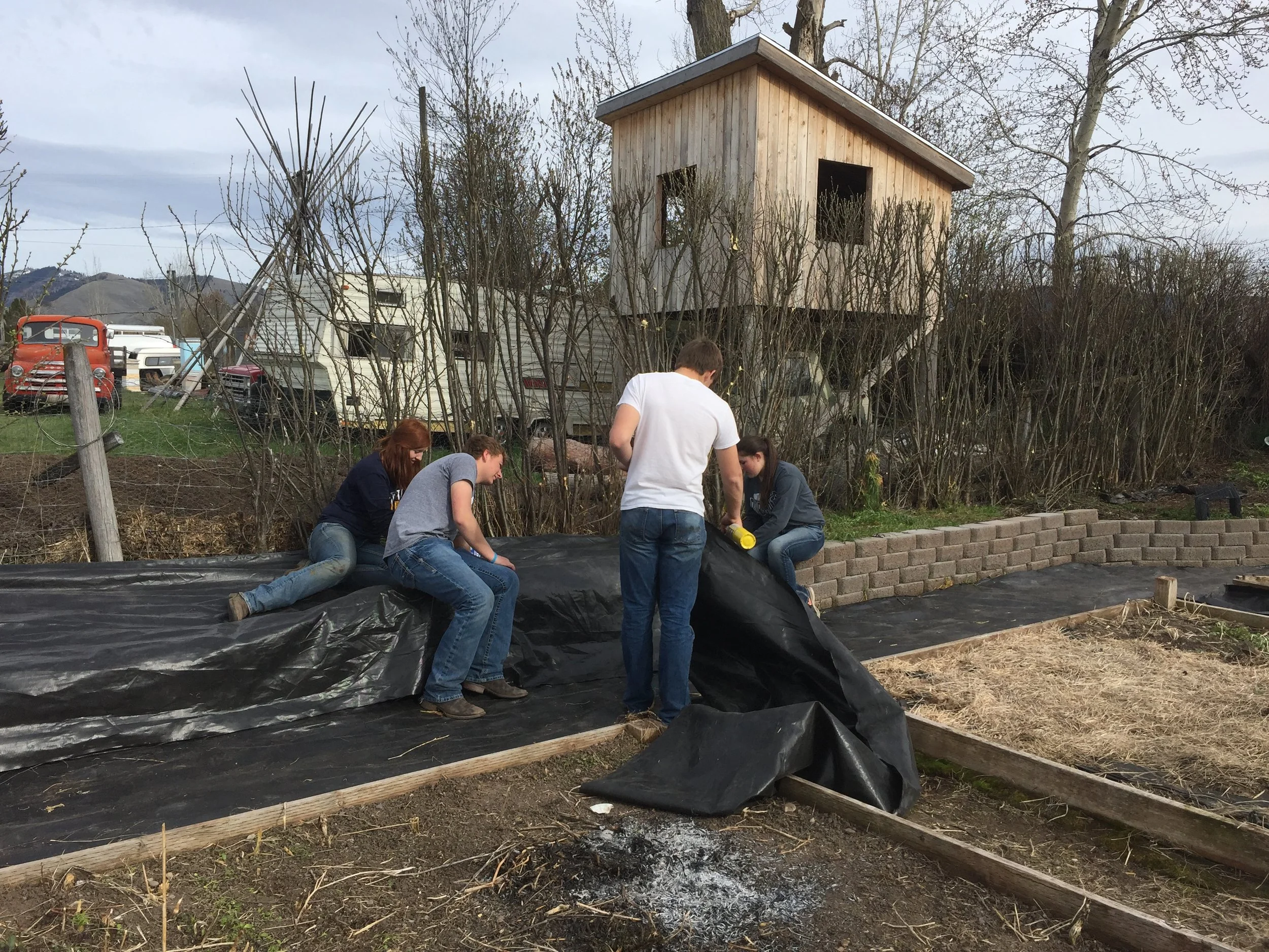 FFA Kids laying fabric for pathways