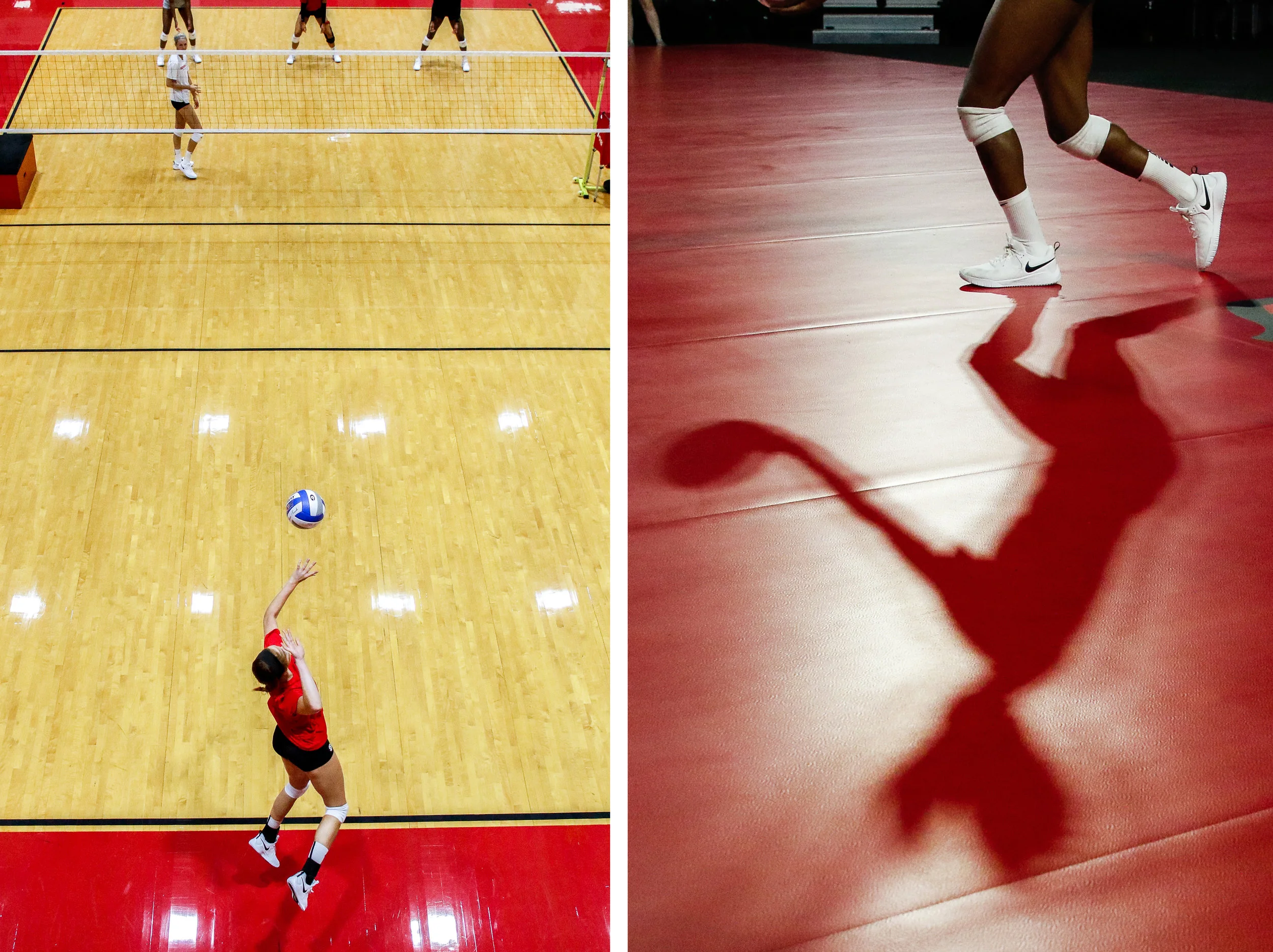 (Left): Georgia middle blocker Kianna Young (17) serves during their first practice of the season in Athens, Ga., on Monday, August 6, 2018. (Right): Georgia outside hitter T’ara Ceasar (1) serves during their first scrimmage of the season in Athe