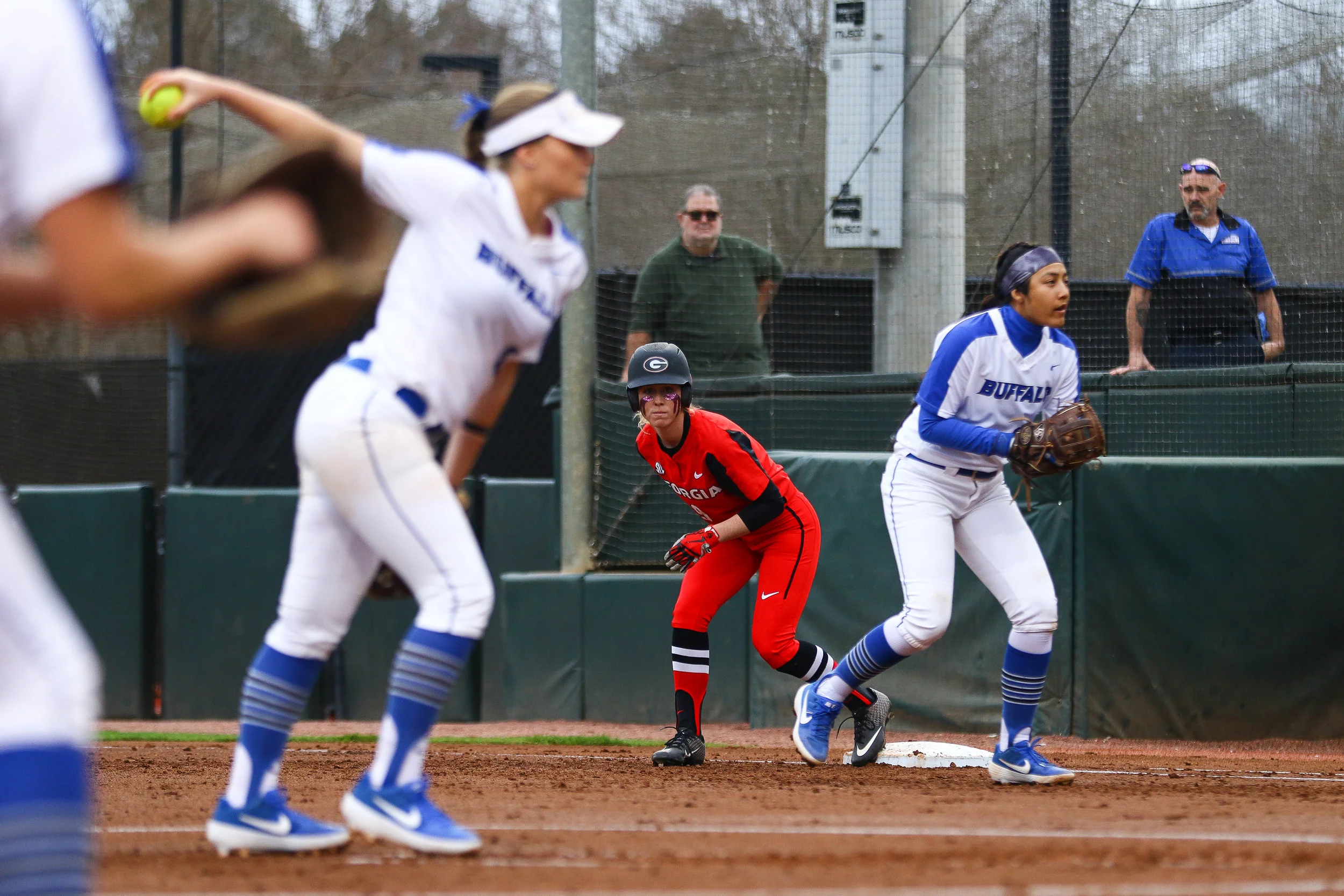 Georgia outfielder Alysen Febrey (9) leads off of first base during Georgia softball's home opener against the University of Buffalo in Athens, Ga., on Thursday, Feb. 14, 2019.