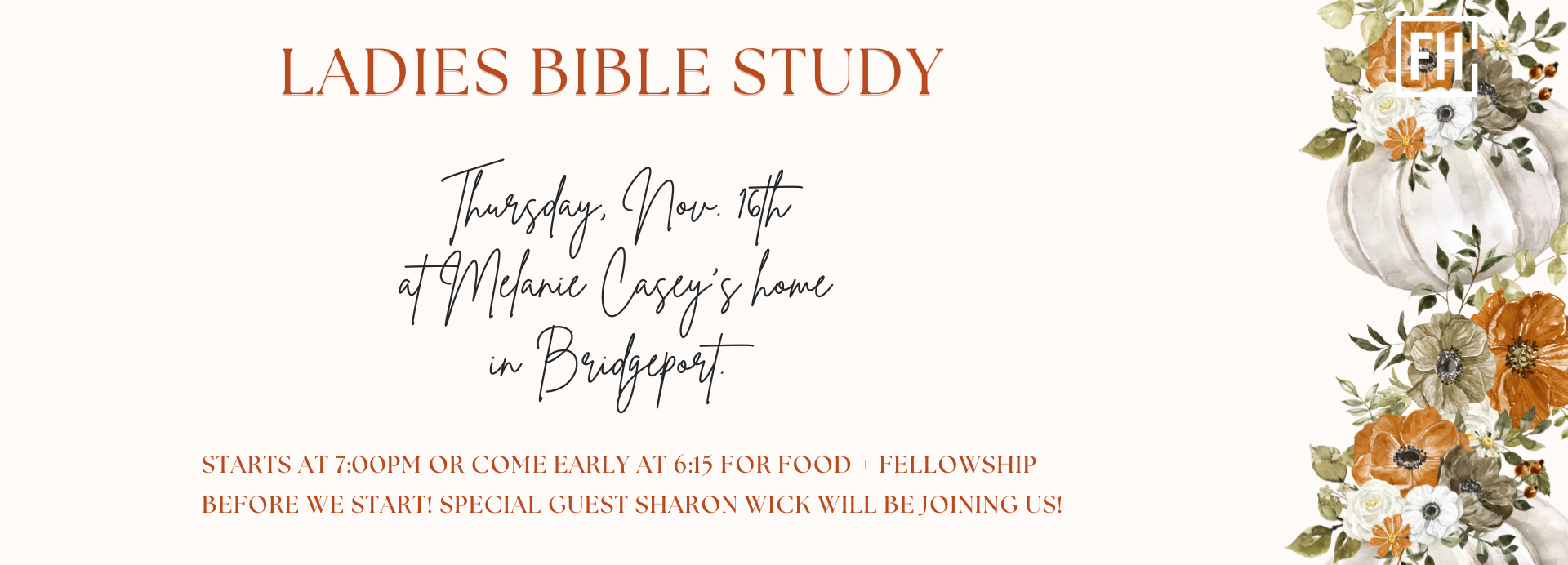 Special gueat Sharon Wick! Starts @7 pm or come early for food and fellowship @6:15 pm before we start. 