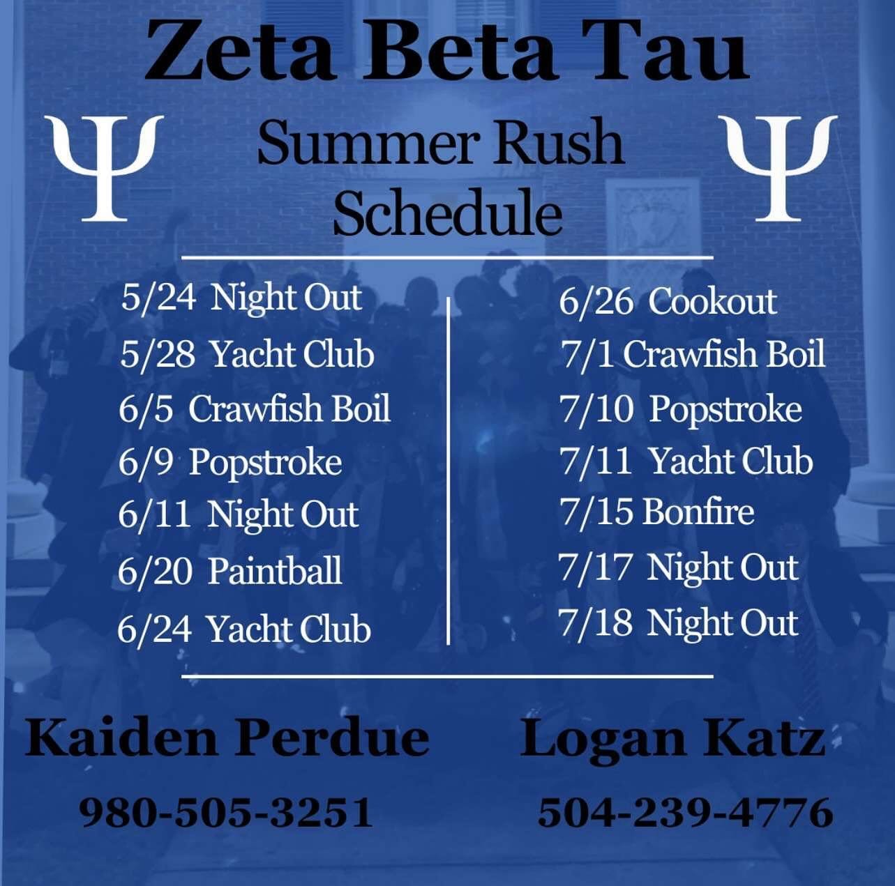 Introducing our 2024 summer rush schedule. If you are unable to attend any of our planned events don&rsquo;t hesitate to reach out to Kaiden Perdue or Logan Katz.