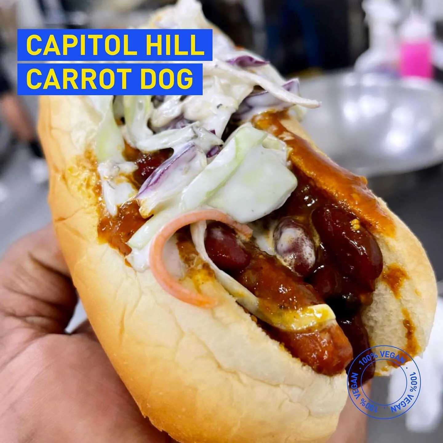 Don&rsquo;t knock it till you&rsquo;ve tried it! Our Capitol Hill Carrot Dogs are all the rage, topped with lentil chili, raw onions, southern slaw, and vegan cheese sauce 🤤🌭🥕