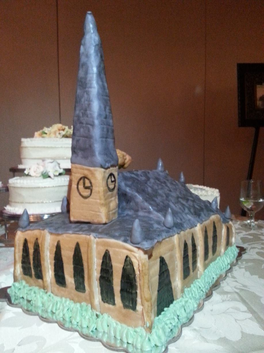 This anniversary cake is modeled after the church the couple was married in.