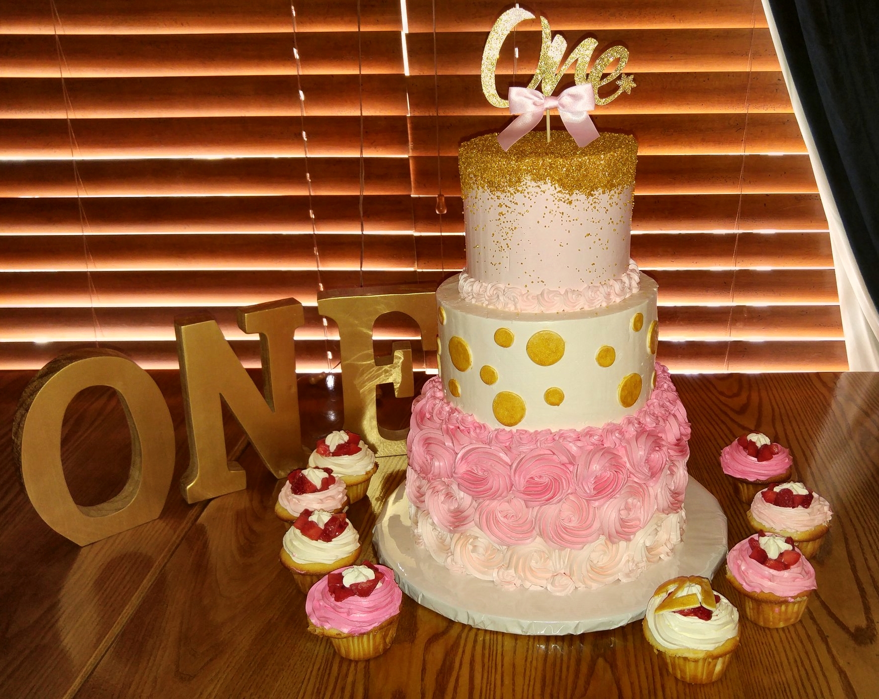 Pink and Gold 1st Birthday Cake