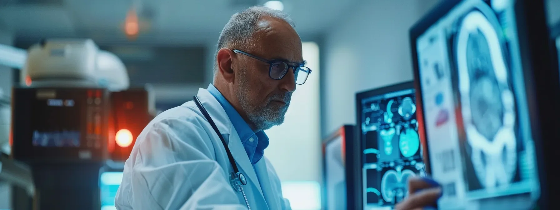 A doctor examines a computer screen, focusing on intelligent search features to enhance user experience.