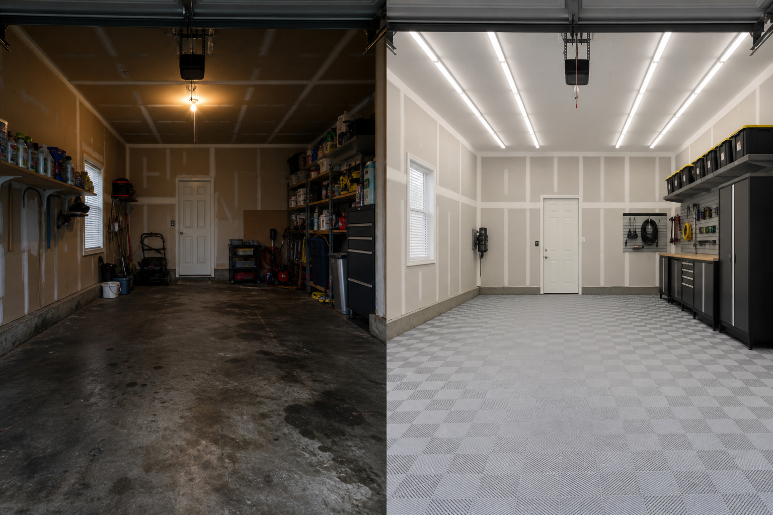Before and after garage renovation side-by-side comparison