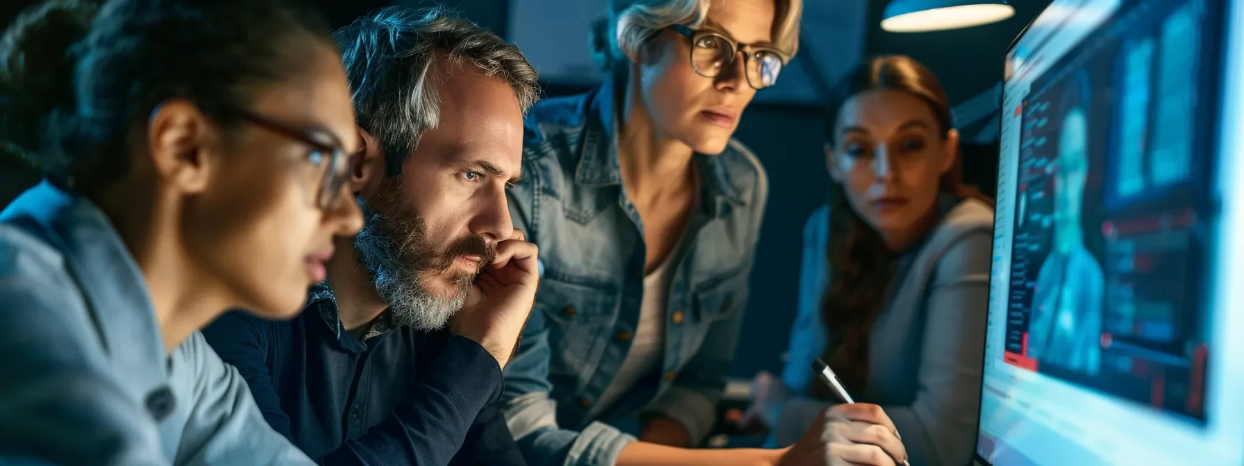 A group of people gathered around a computer screen, discussing the concept of what is intelligent search.