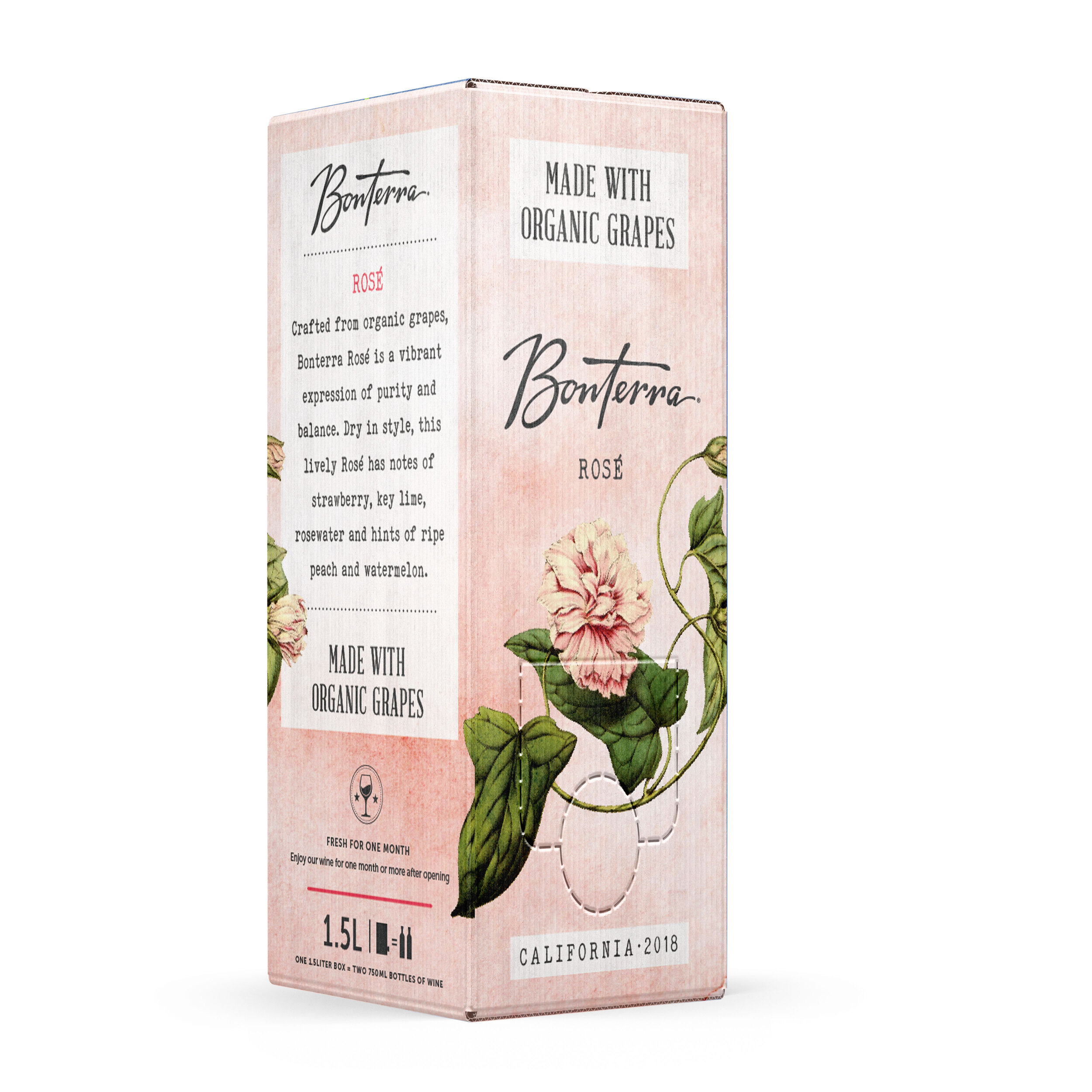   Bonterra Rosé Boxed Wine     Bonterra’s boxed Rosé delivers the purity of flavor of Bonterra’s organically farmed wine in a convenient, eco-friendly 1.5-liter format. Good for up to 30 days after opening, the wine can be enjoyed throughout the whol
