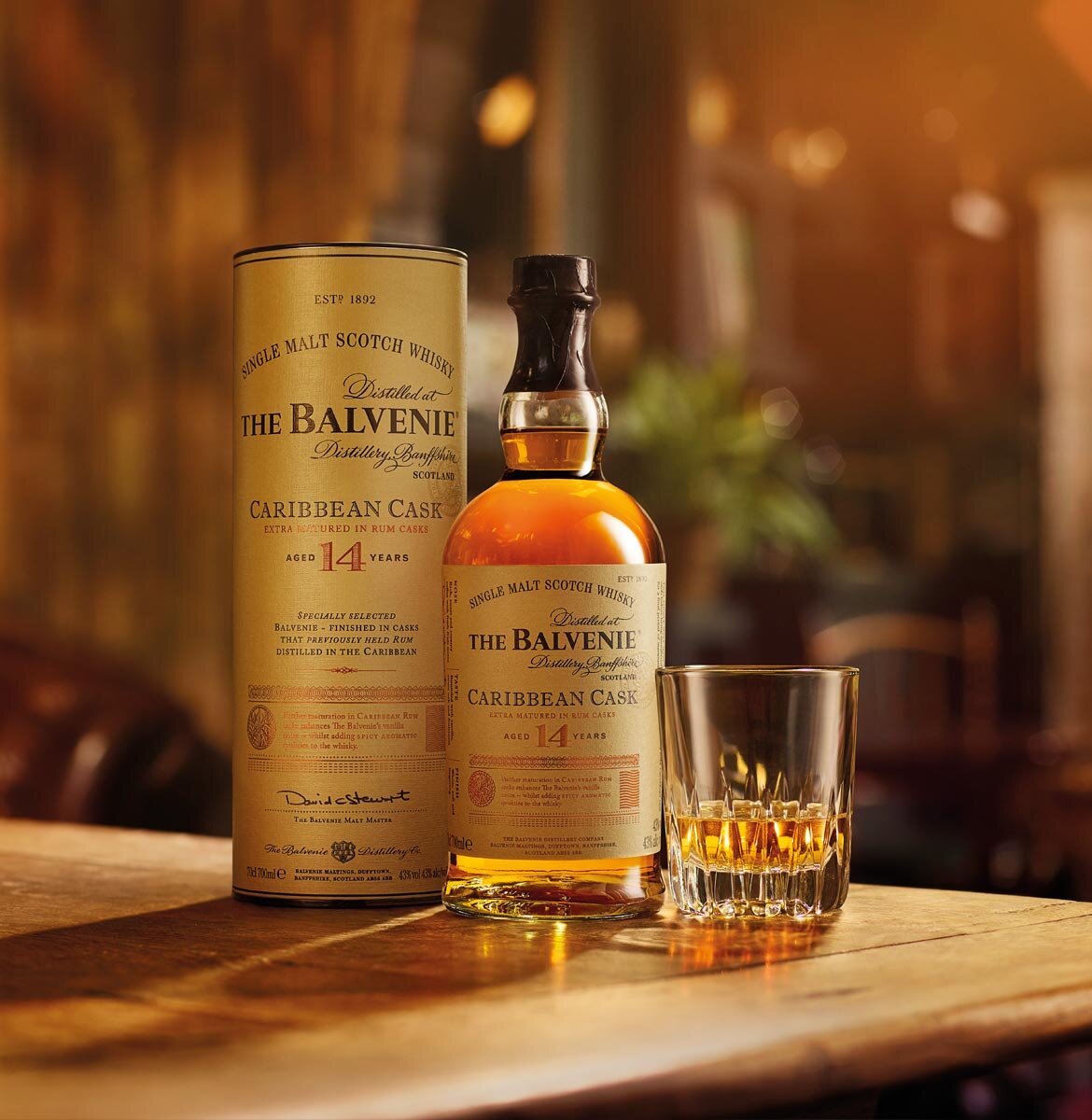    The Balvenie Caribbean Cask 14   &nbsp;(SRP $74.99)   The Balvenie Caribbean Cask 14 year old single malt whisky has been matured in traditional oak whisky casks for 14 years, and then ‘finished’ in casks that previously held Caribbean rum. This i