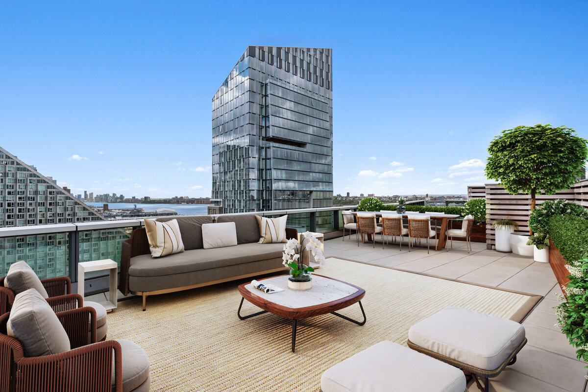   Waterline Square 's&nbsp; residence 24F &nbsp;offers a private terrace spanning more than 2,300 square feet, providing plenty of room to relax, dine and entertain outside. The sweeping terrace accommodates multiple seating areas, including a full d