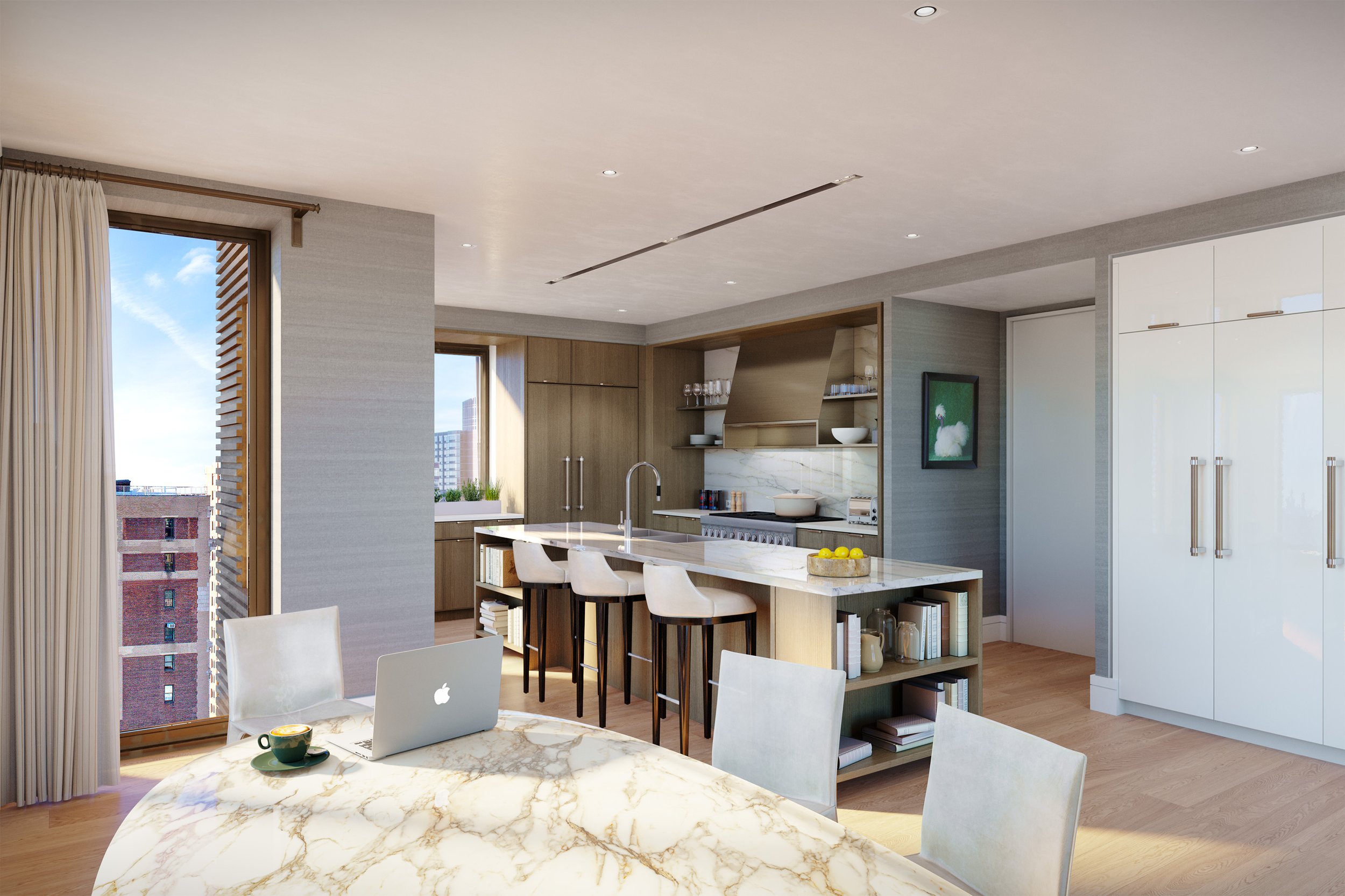  Each residence features lofty ceilings, wide-plank oak floors, custom millwork, and floor-to-ceiling windows that fill residences with abundant light and frame views of cast iron landmarks, the Empire State Building, The Clocktower, the Flatiron Bui