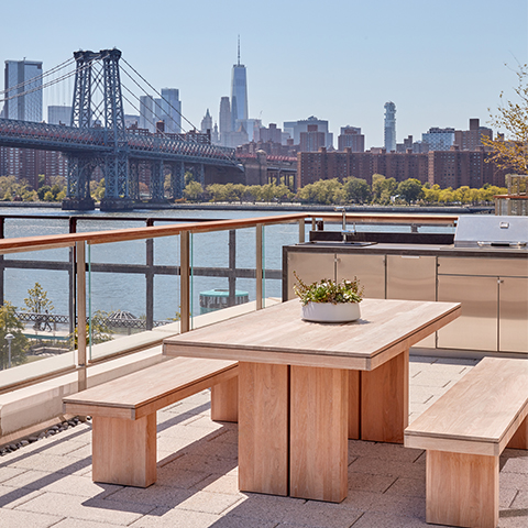    One South First    in Williamsburg:  Two Trees’ One South First is an iconic luxury apartment on the Williamsburg waterfront, located right on Domino Park. Tenants can work from the breathtaking outdoor lounge pool at a dining table, by the landsc