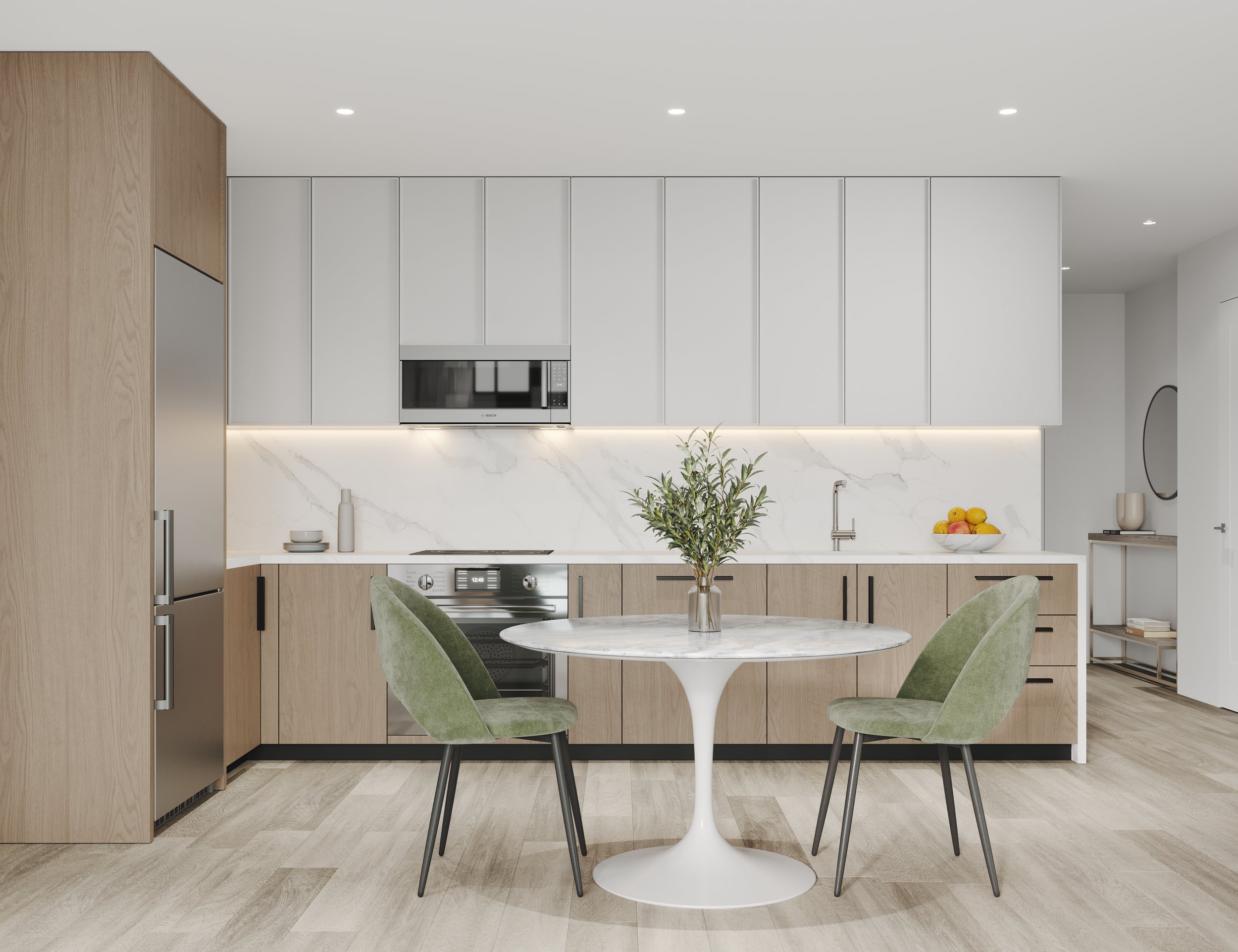  Residence kitchens are outfitted with custom European cabinetry, quartz waterfall countertops, and Grohe fixtures.&nbsp; A premium suite of stainless steel appliances by Bosch, and a Bertazzoni refrigerator are also included in each home.&nbsp; Bath